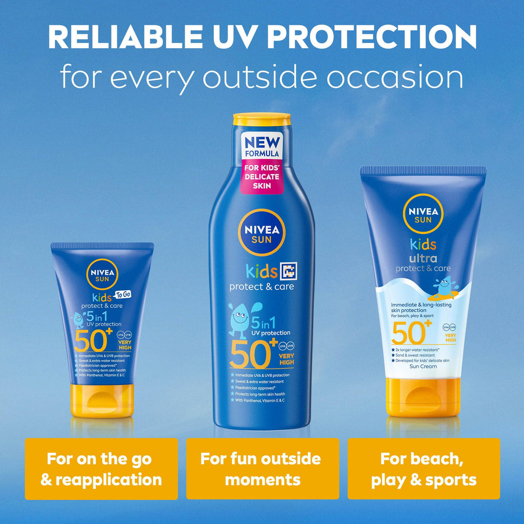 NIVEA SUN Kids Protect & Care SPF 50+ Lotion (200ml), Moisturising Sun Cream Protects Delicate Skin Against Sunburn and Long-Term UV Damage, Fast-Absorbing No White Cast Sun Lotion