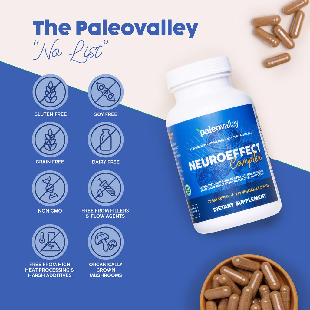 Paleovalley NeuroEffect - Neuro Mushroom Coffee Nutritional Supplement for Focus, Memory, and Energy Support - 28-Day Supply - 8 Full Spectrum Mushroom and Whole Coffee Fruit Extracts