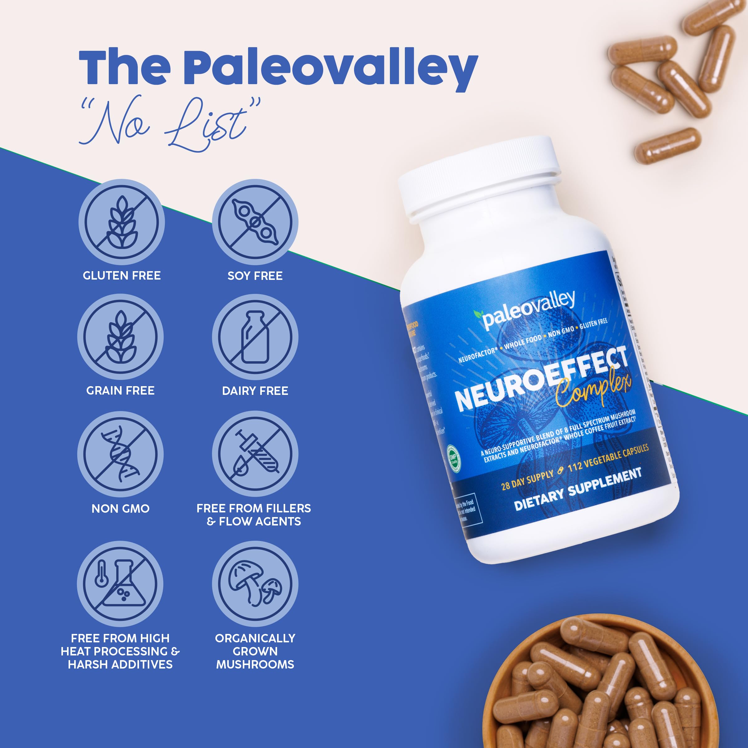 Paleovalley NeuroEffect - Neuro Mushroom Coffee Nutritional Supplement for Focus, Memory, and Energy Support - 28-Day Supply - 8 Full Spectrum Mushroom and Whole Coffee Fruit Extracts