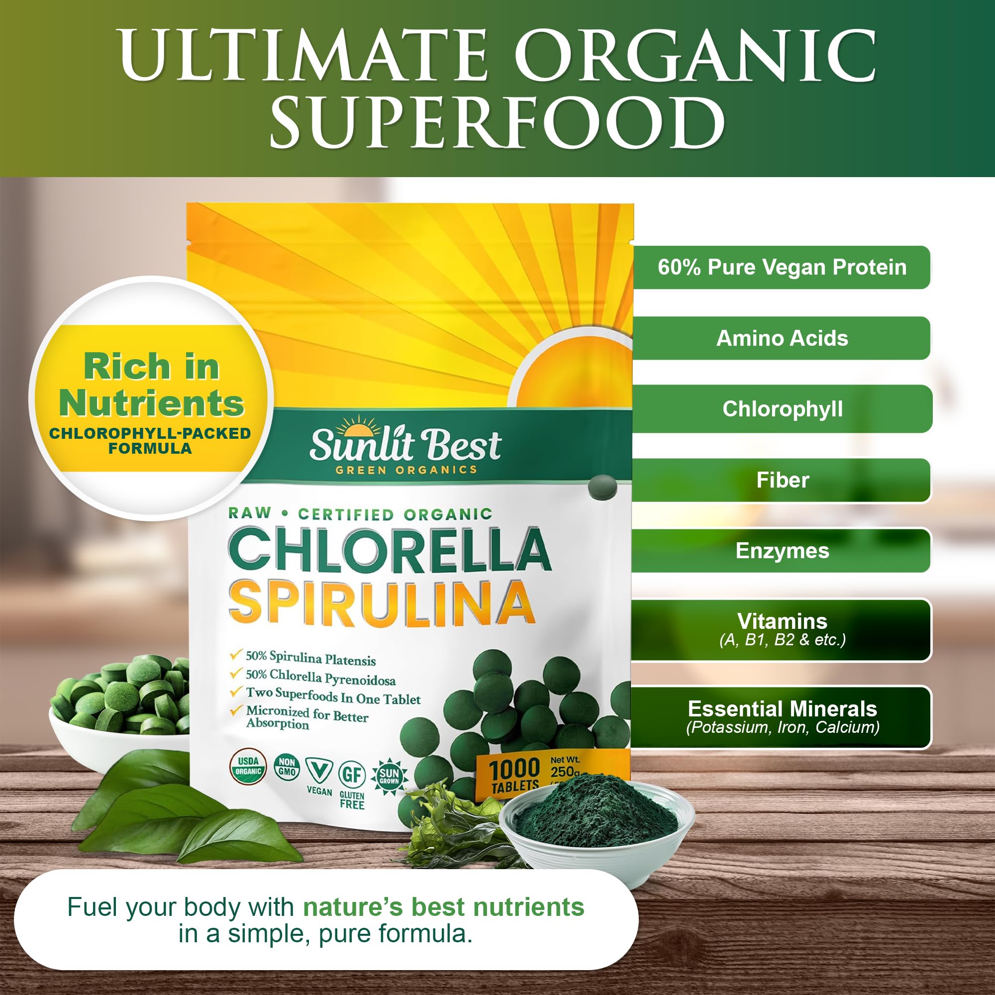 Sunlit Best Chlorella Spirulina Tablets - Organic USDA, Premium Spirulina and Chlorella Tablets 1000 Count - Sun Chlorella Pure Natural Superfood with Algae, Enzymes Chlorophyll & Vegan Protein