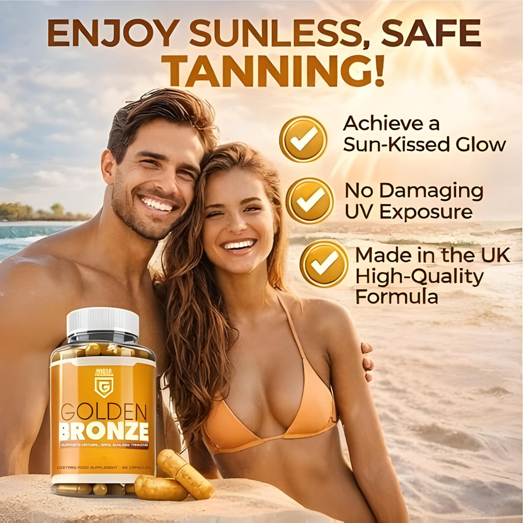 Golden Bronze Tanning Pills Supplement x 60 Capsules, Sunless & Safe Tan Melanin Accelerator Capsules, Tanning Pills for Healthy Natural Tan - Made in UK