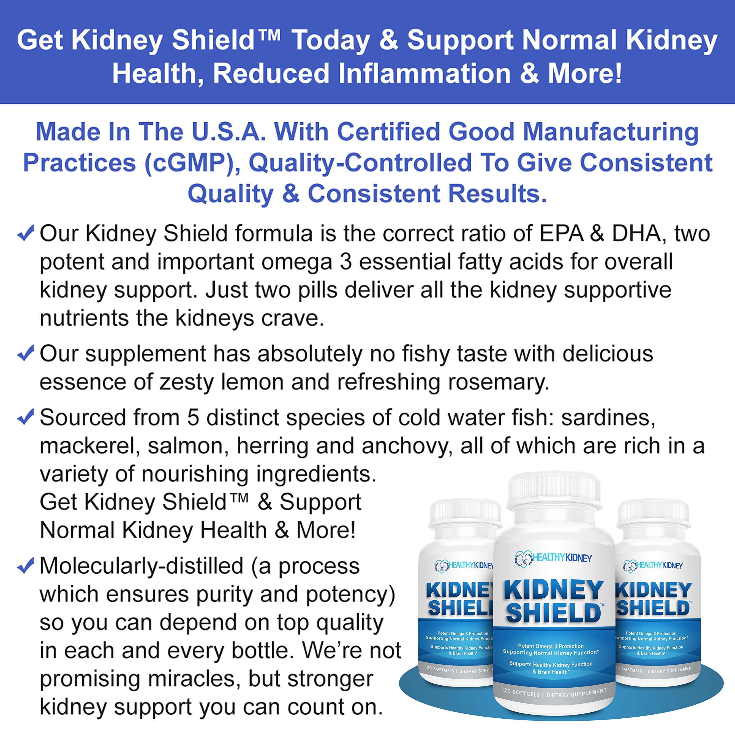 Kidney Shield Omega 3 Fish Oil Supplements - DHA EPA Omega 3 Supplement for Women & Men Kidney Health - Omega3 to Support Normal Kidneys Function & Cleanse, Detox & Repair - 120 Lemon Softgels