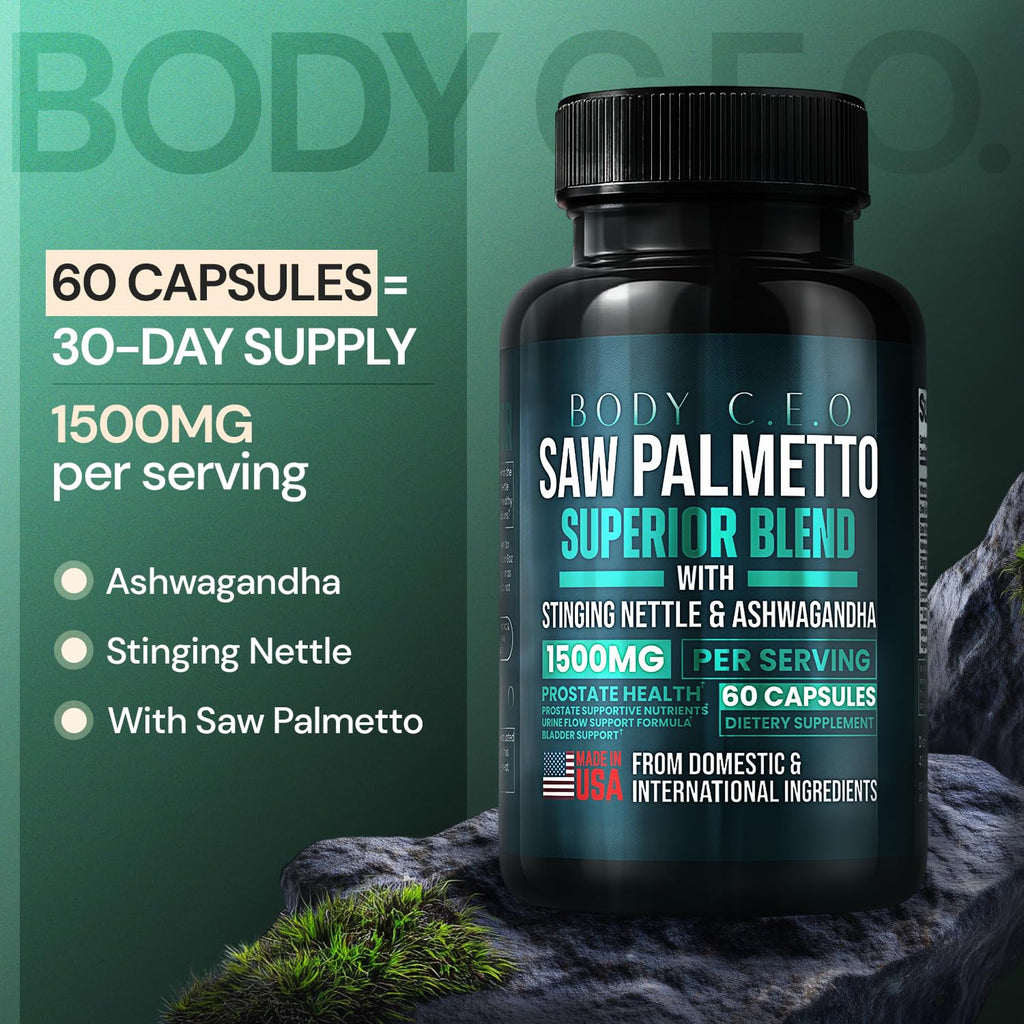 Body C.E.O. Saw Palmetto for Men 1500mg Supplement - Prostate Health & Urinary Flow Support - Ashwagandha, Lycopene & Pumpkin Seed - Third Party Tested, USA Made, Vegan & Cruelty Free - 60 Capsules
