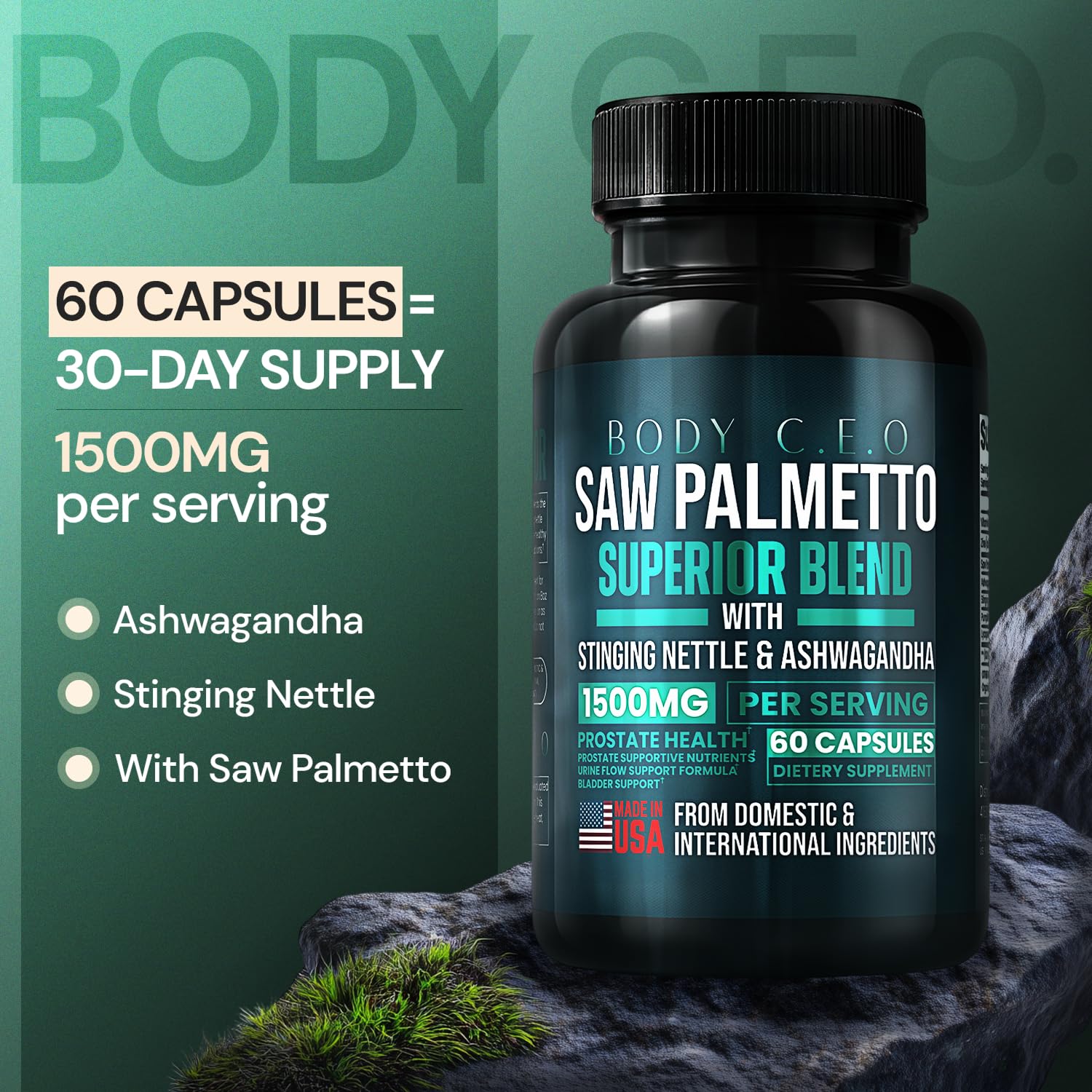 Body C.E.O. Saw Palmetto for Men 1500mg Supplement - Prostate Health & Urinary Flow Support - Ashwagandha, Lycopene & Pumpkin Seed - Third Party Tested, USA Made, Vegan & Cruelty Free - 60 Capsules