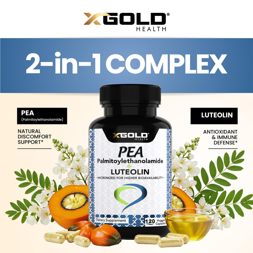 Palmitoylethanolamide 630 mg + Luteolin Standardized 98%- Micronized Pea 99% Highly Purified and Bioavailable - Made in USA - Supplement for Men and Women - 120 Veggie Capsules