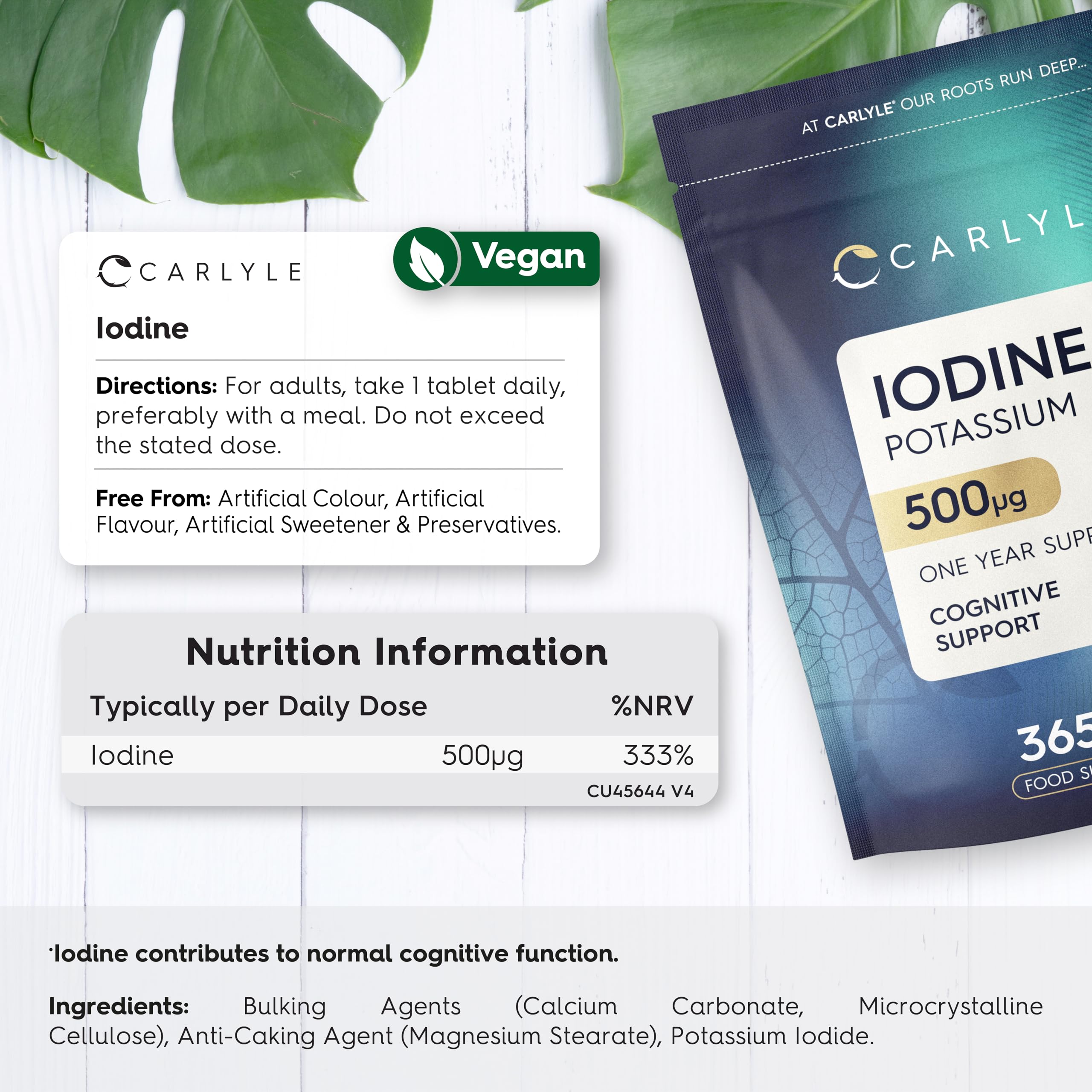 Iodine Tablets 500mcg | 365 Vegan Tablets - 1 Year Supply | High Strength Potassium Iodide Supplement | Trace Mineral | Carlyle