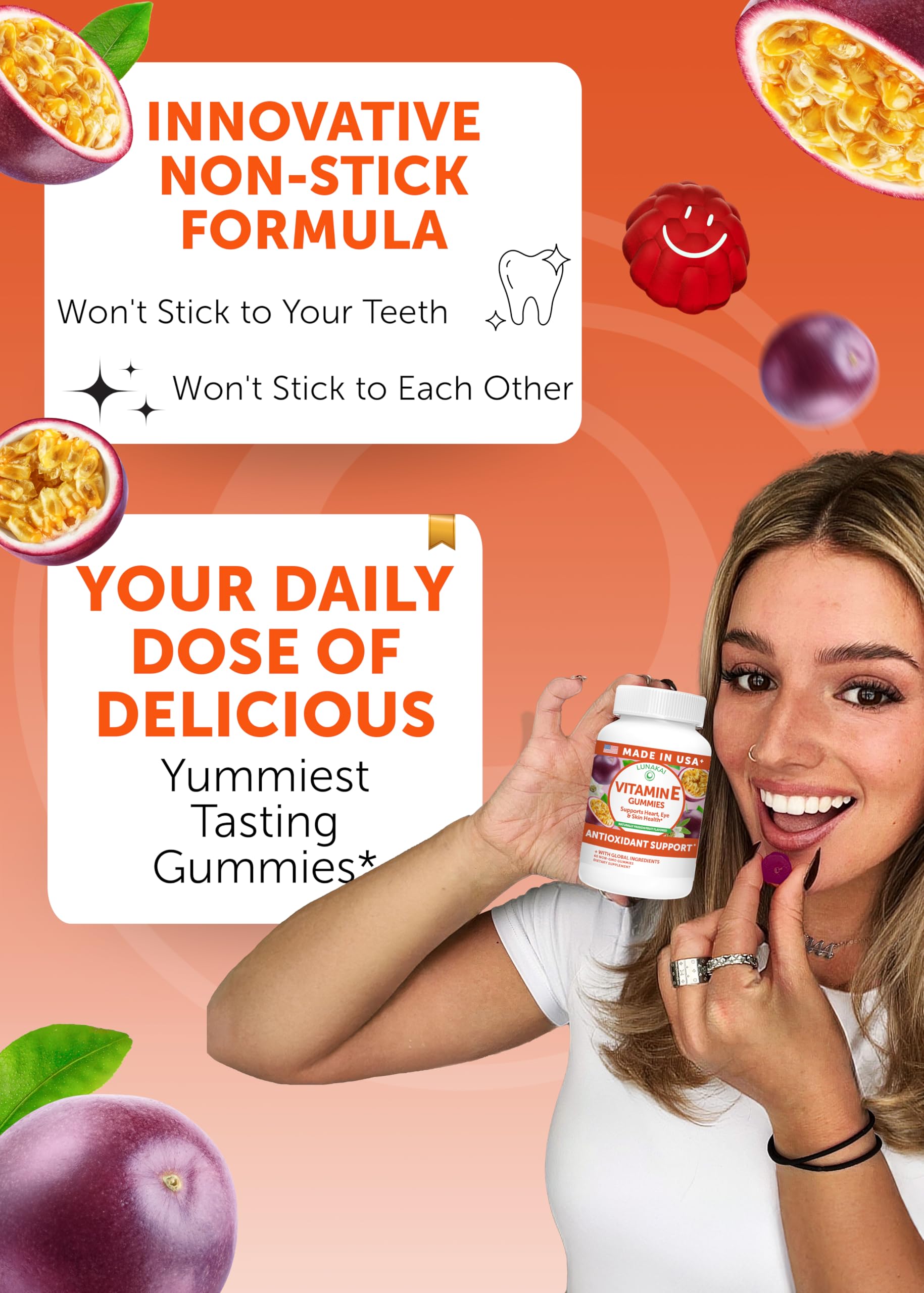Lunakai USA Made Vitamin E 400 IU Gummies with Vitamin C 50mg, for Eye, Immune & Skin Support - d-Alpha-Tocopherol for Adults, Women & Men, Non-GMO Vegan, 60 Daily VIT E Gummies