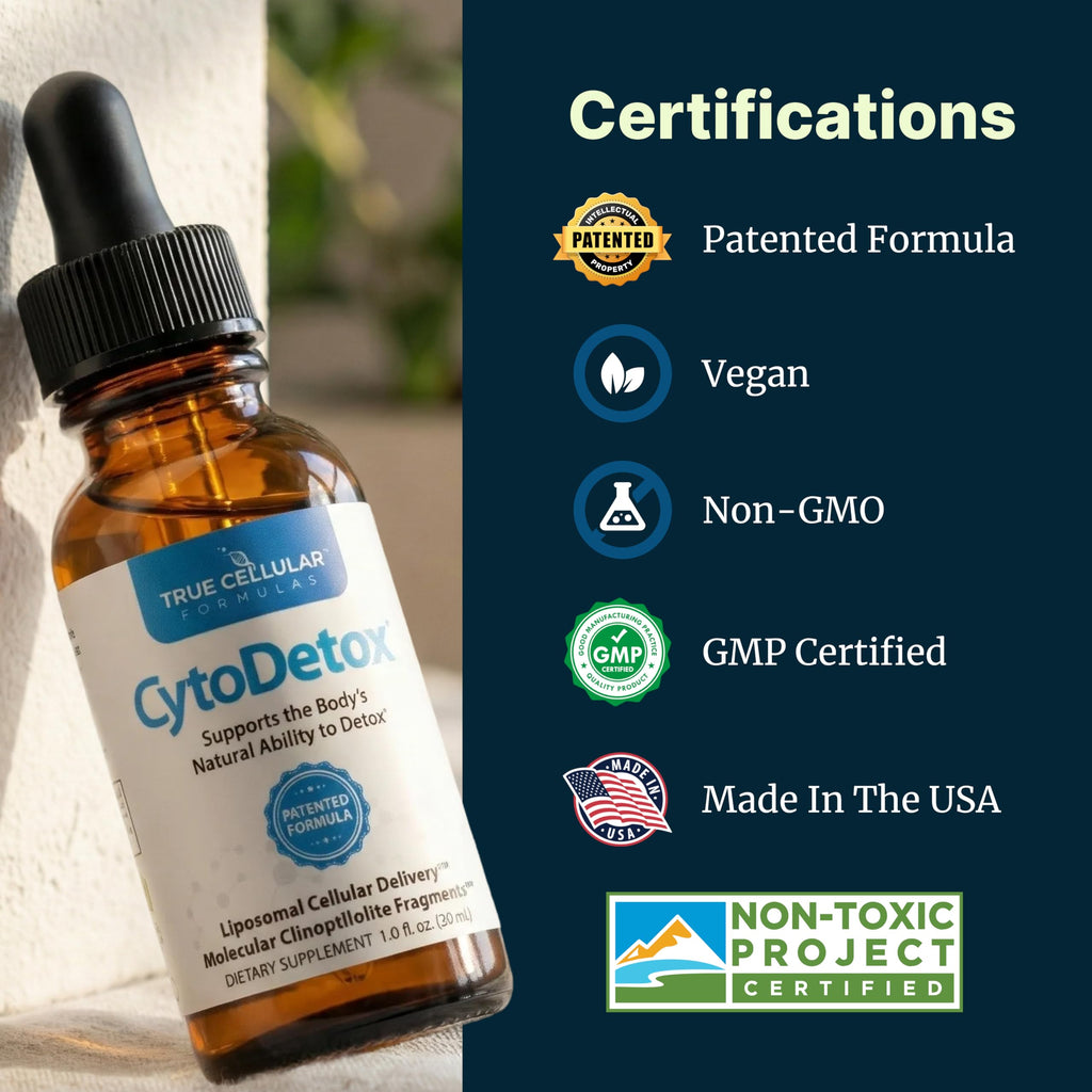 True Cellular Formulas CytoDetox Liposomal Zeolite Drops, Patented Purified Clinoptilolite with Fulvic Acid, Cellular Detox Support & Gentle Heavy Metal Binder, Liquid Supplement, 1 fl oz