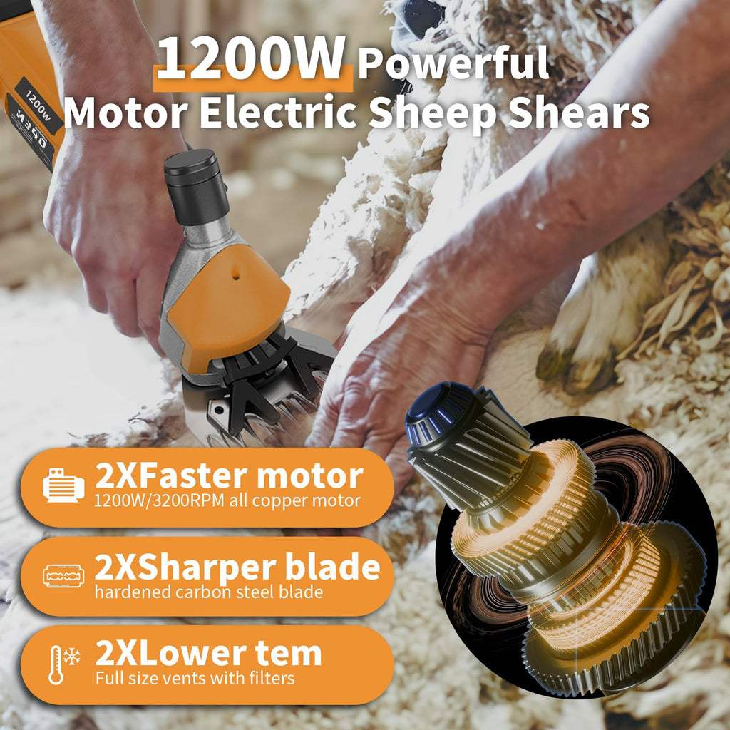 Openhahaha 1200W Sheep Shears Clippers, 3200RPM 6-Speed Heavy Duty Electric Sheep Shears, 13T Blades, Professional Livestock Clippers for Farm Alpacas Goats with Video Guide (Orange)