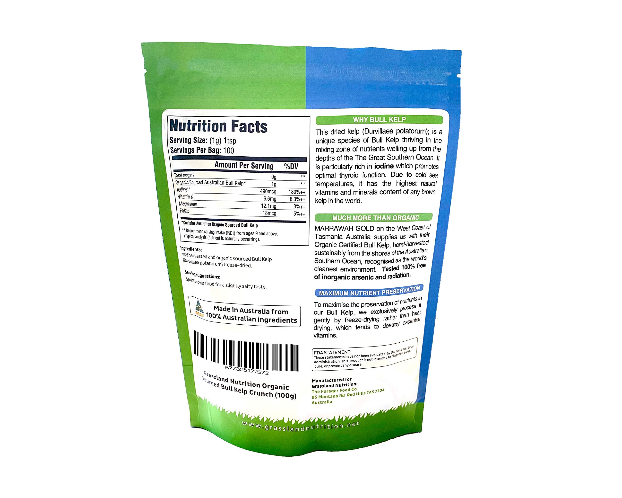 Grassland Nutrition Organic Bull Kelp Crunch (Durvillaea potatorum) 3.5 OZ - Natural Iodine for Thyroid Support, sustainably Wild harvested, No GMOs and Vegan Friendly