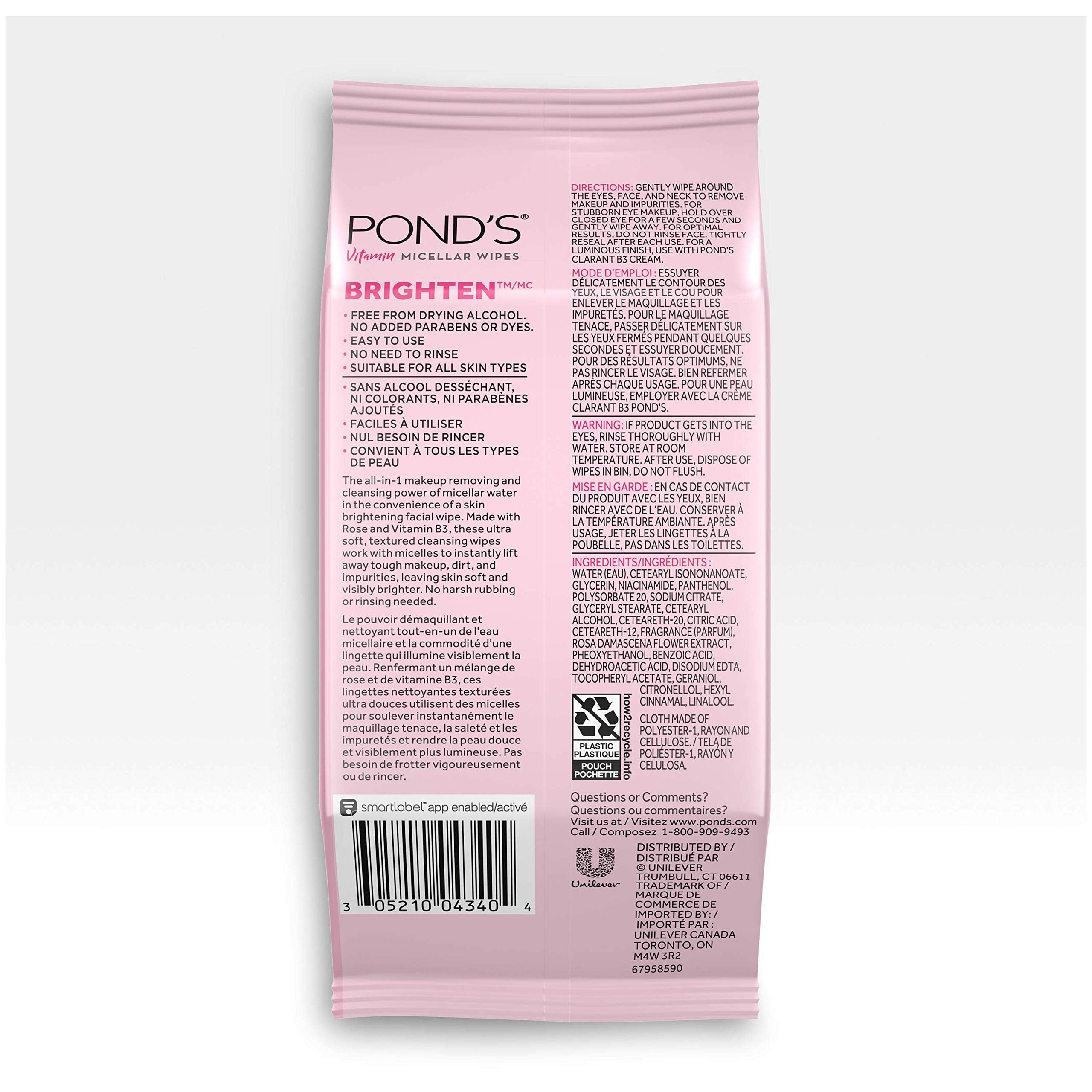 Pond's Vitamin Micellar Wipes For Dark Spots Brighten Rose Removes Waterproof Makeup 25 Wipes