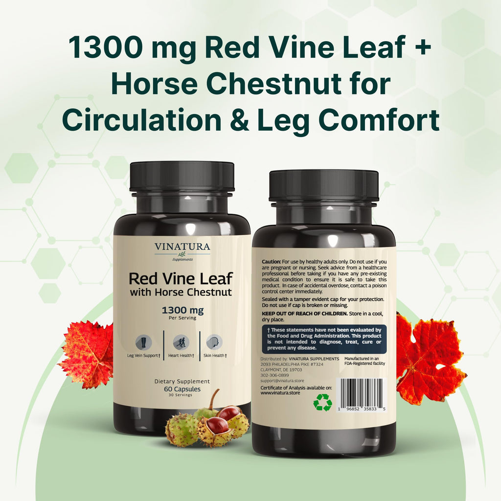 VINATURA Red Vine Leaf Extract - Horse Chestnut, 1300mg/serving, Circulation and Vein Support for Healthy Legs - Helps Blood Flow, Leg Circulation - 60 Capsules (30 Servings)
