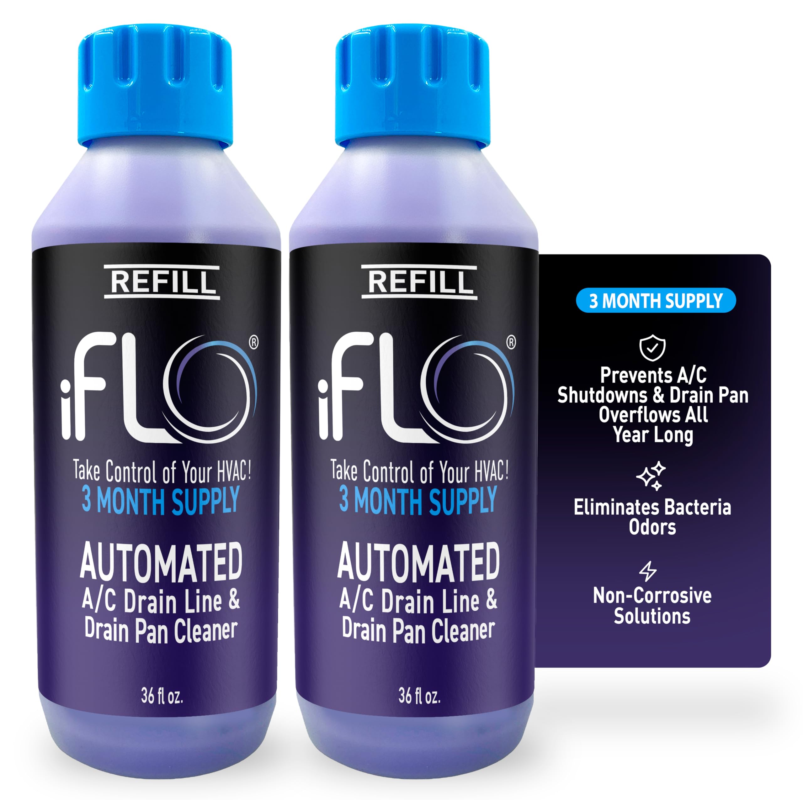 iFLO® Smart A/C Drain Line Cleaner and Drain Pan Cleaner Cartridge, Fast-Acting, Long-Lasting HVAC System Solution for Tough Clogs & Buildup, 3-Month Supply per Bottle, 2 Pack of 36oz