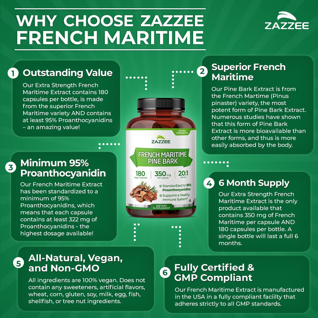 Zazzee Extra Strength French Maritime Pine Bark Extract 20:1, 350 mg Per Capsule, 95% Proanthocyanidins, 180 Vegan Capsules, 6 Month Supply, Certified Kosher, Antioxidant Support, Non-GMO, Made in USA