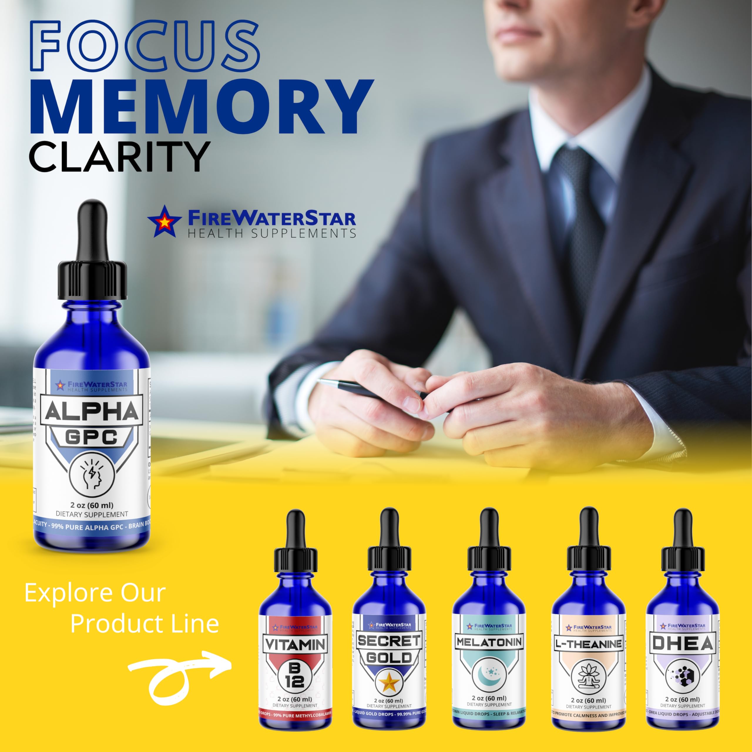 FWS Alpha GPC, 300 mg Liquid Alpha GPC Choline, Organic, Non-GMO, Fast Acting Nootropic Brain Supplement for Memory and Focus, Supports Healthy Brain Function for Mental Clarity
