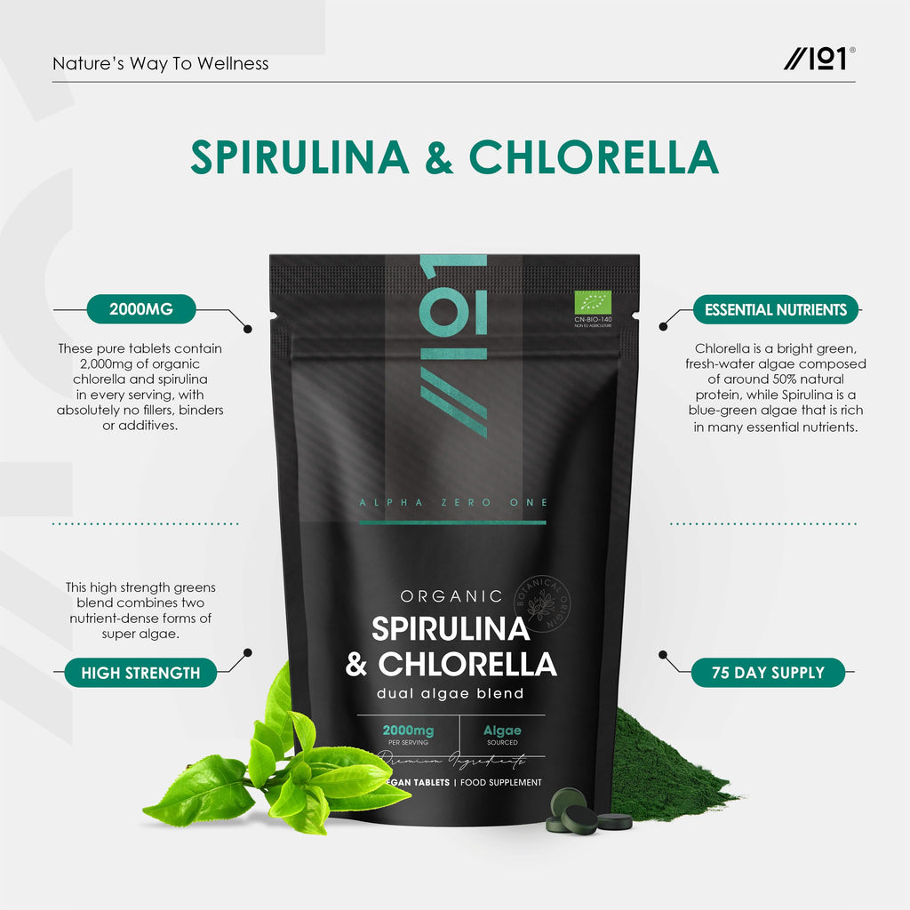 Organic Spirulina & Chlorella 2000mg - 300 Tablets - Broken Cell Wall - Cold Pressed Pure Supplement with No Additives (75 Day Supply) by Alpha01