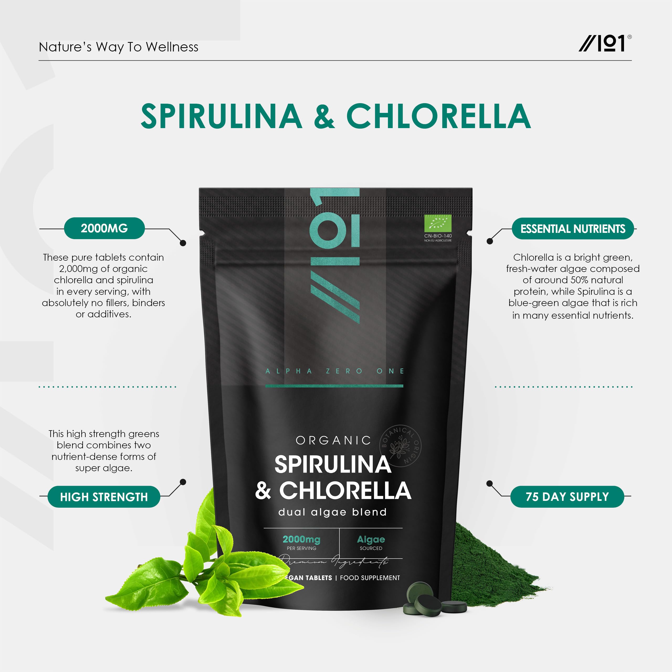 Organic Spirulina & Chlorella 2000mg - 300 Tablets - Broken Cell Wall - Cold Pressed Pure Supplement with No Additives (75 Day Supply) by Alpha01
