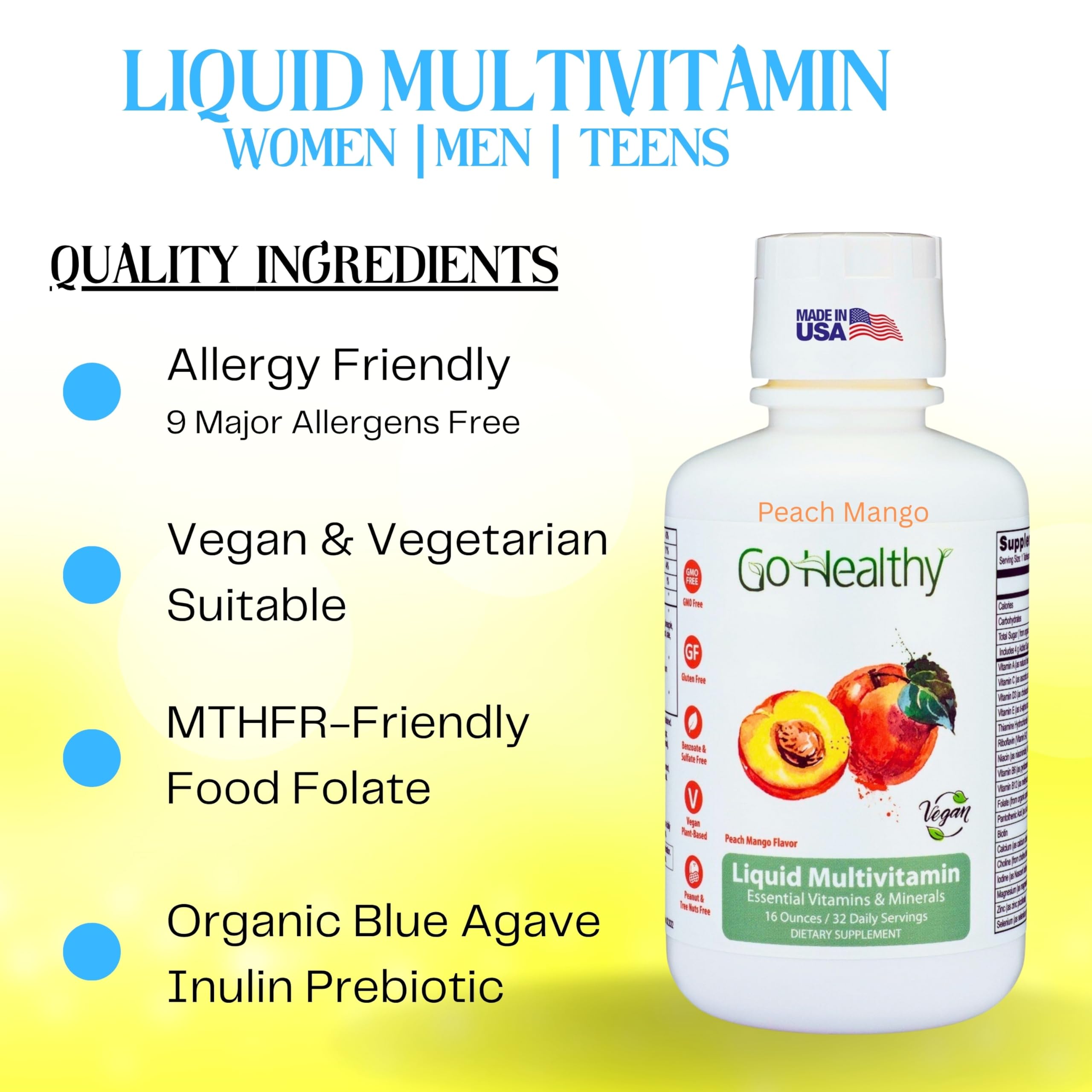 Go Healthy Liquid Multivitamin for Women, Men, Teens | Vegan Vitamin & Mineral Supplement | High Absorption | Premium Liquid Formula | Immune Support | Peach Mango Flavor | 32 Servings