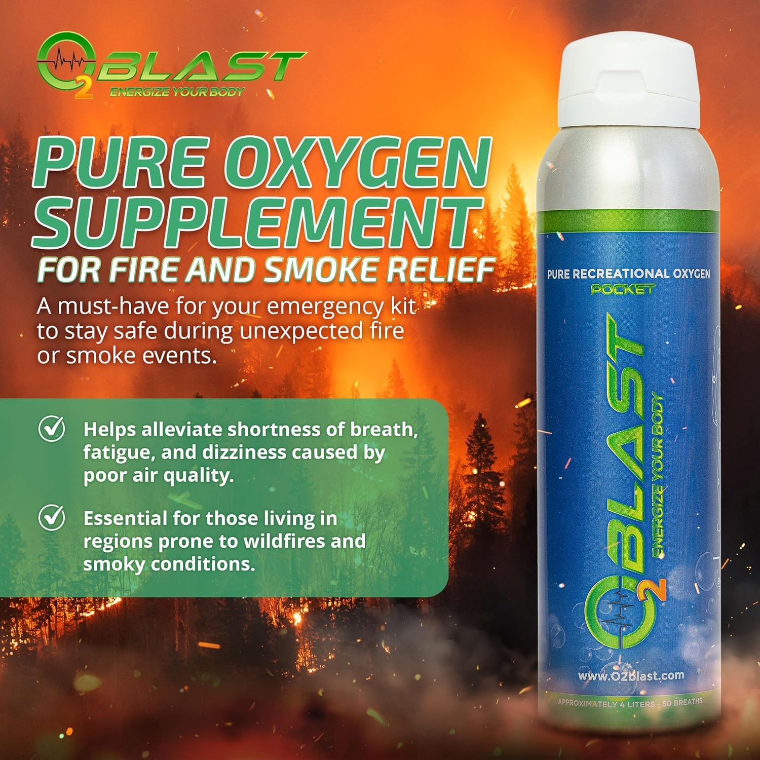 O2 Blast - Pure Oxygen Supplement - Filled with 99.99% Pure Oxygen to Support Fast Recovery, Increase Stamina & Enhance Focus for High Altitude and Action Sports, 4L Portable Can Flip-Top Cap, 6-Pack