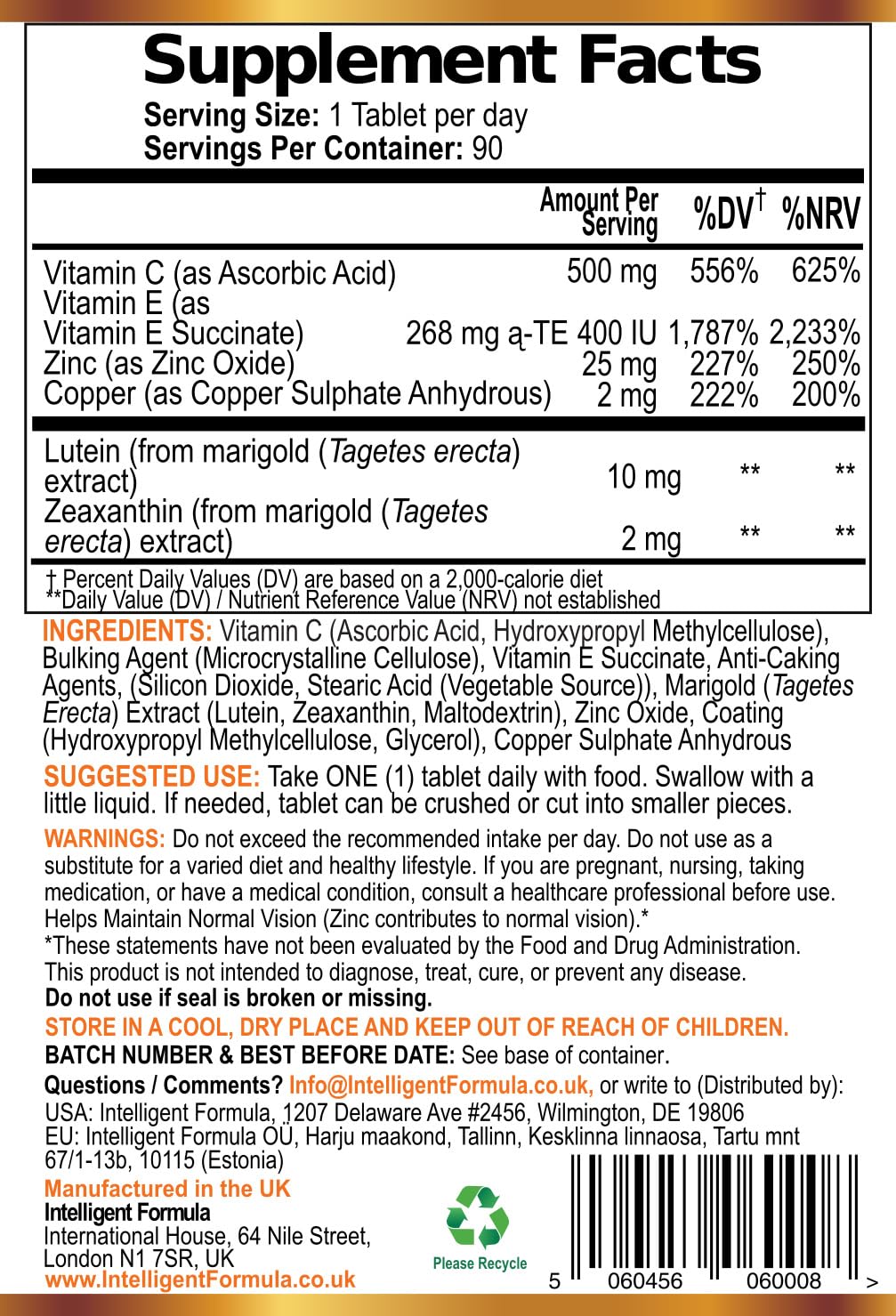 Vision Defender AMD AREDS2 Eye Vitamins – Exact AREDS 2 Formula with Lutein & Zeaxanthin, Vitamins C & E, Zinc 25 mg & Copper – Once Daily Vegan Eye Health Supplement, 90 Tablets