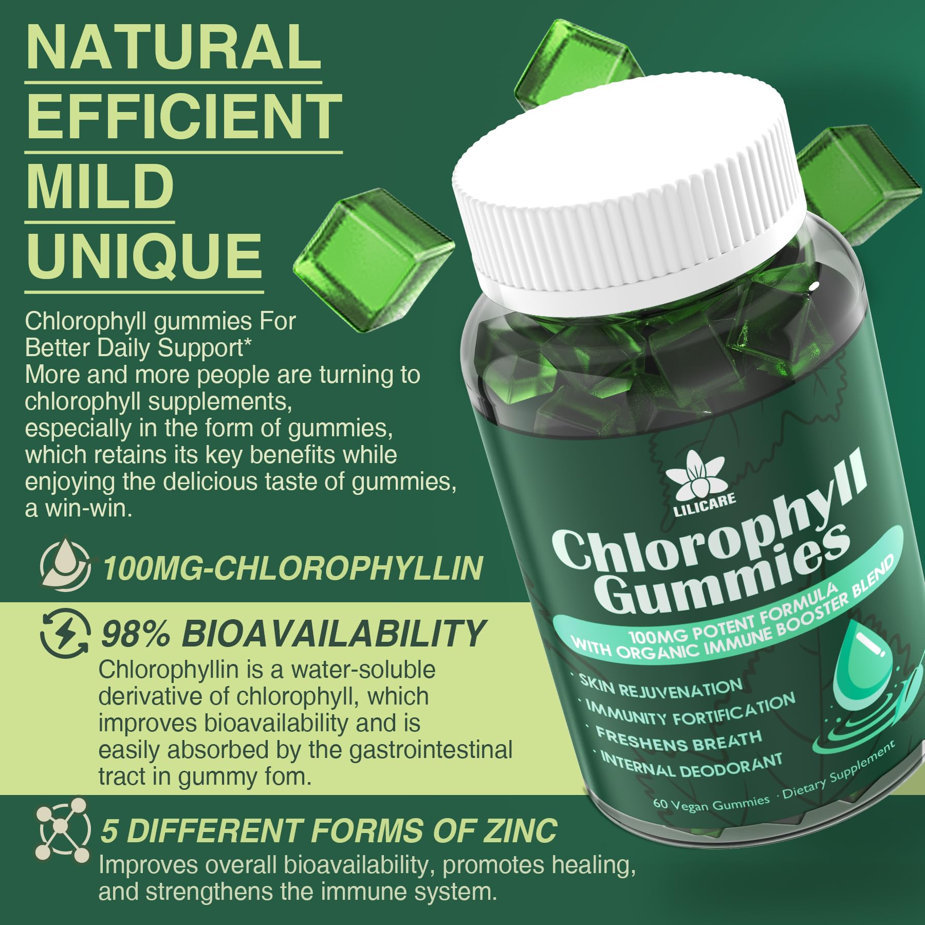 Chlorophyll Gummies - Super Green with Wheat Grass, Sea Moss, Unfiltered ACV & Elderberry, Echinacea, Zinc Complex & Vitamin D3, C, E, B12 for Natural Deodorant, Immune & Digestion Support, Pack of 2