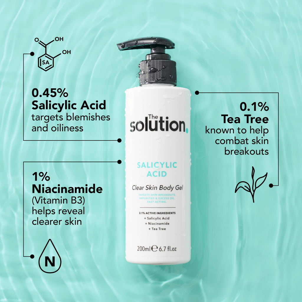 The Solution Salicylic Acid Clear Skin Body Gel (200ml) Back Acne Treatment with Tea Tree, Vegan Salicylic Acid Serum & Pore Minimiser, Cruelty Free Salicylic Acid Gel Lotion Body Care