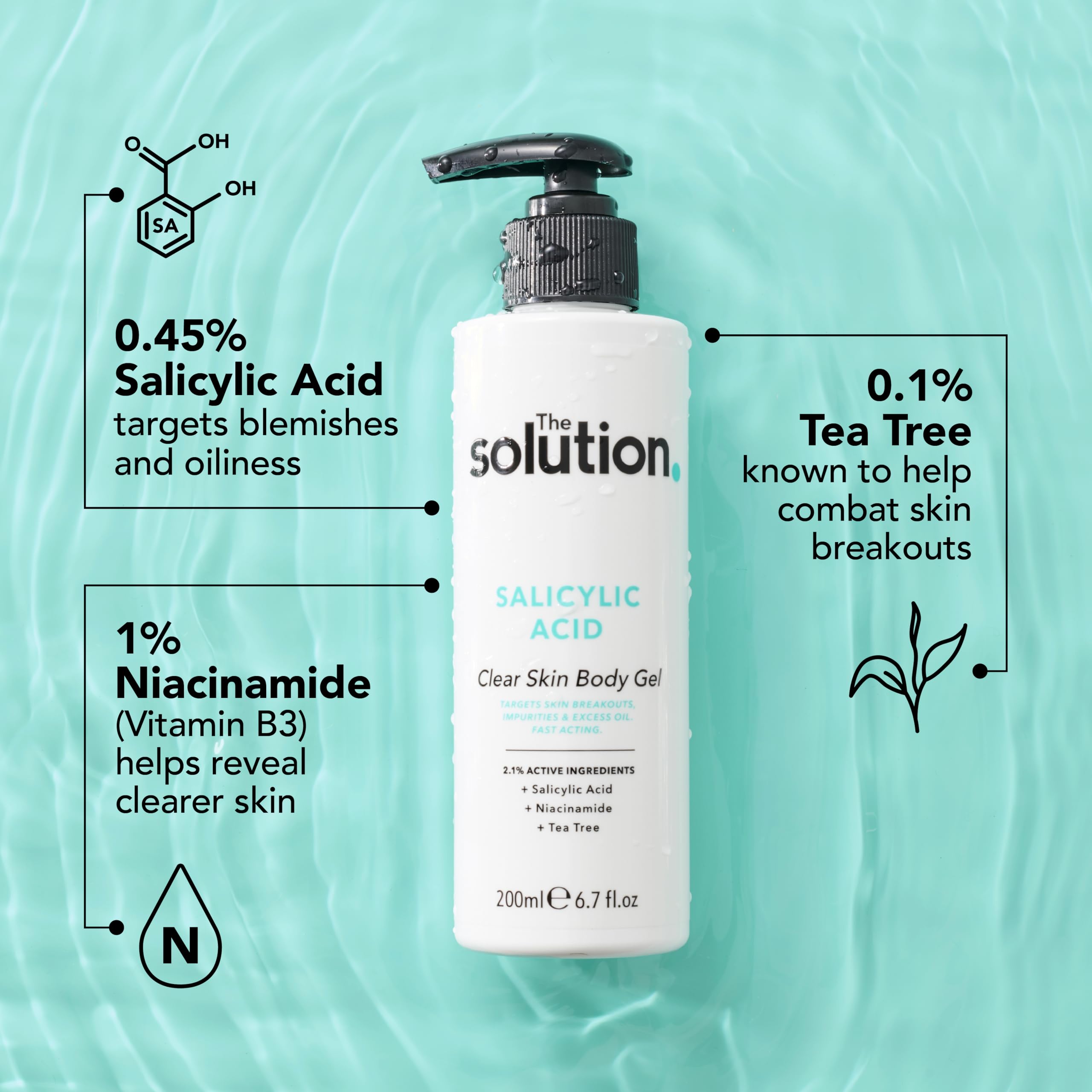 The Solution Salicylic Acid Clear Skin Body Gel (200ml) Back Acne Treatment with Tea Tree, Vegan Salicylic Acid Serum & Pore Minimiser, Cruelty Free Salicylic Acid Gel Lotion Body Care