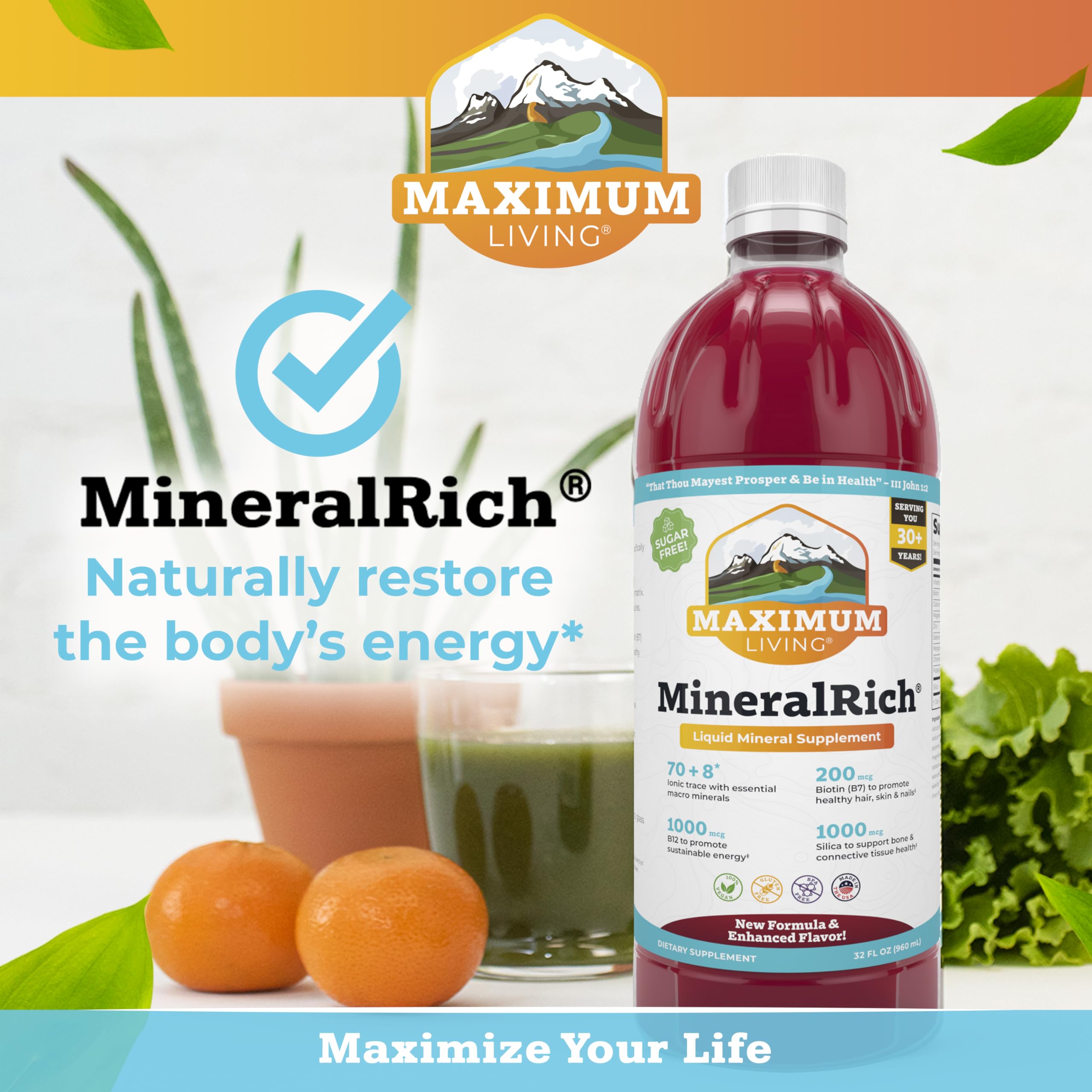 Maximum Living MineralRich - Minerals Supplement - Sugar Free Liquid Blend of Vitamins and Trace Minerals - 32 oz
