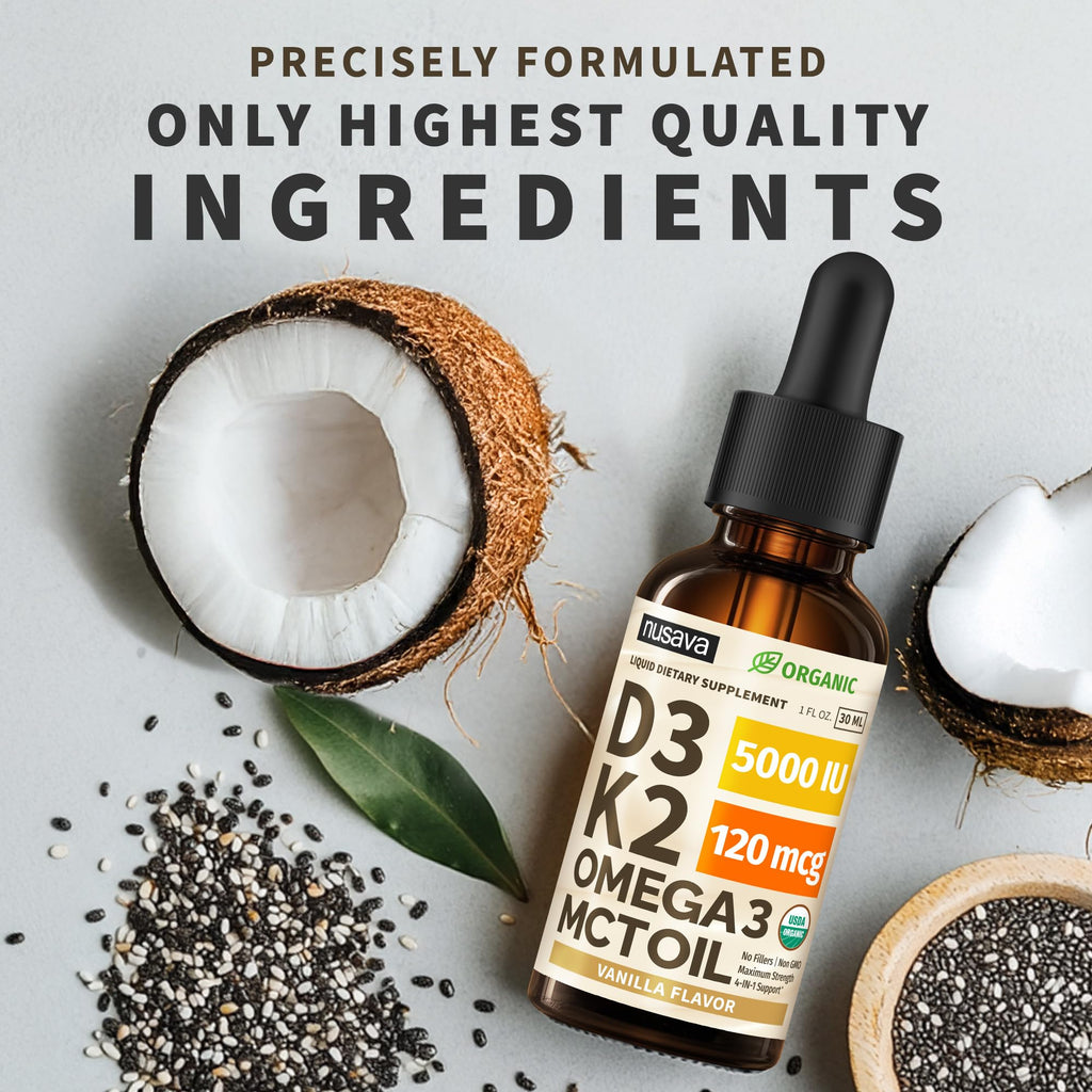 (2 Pack) Organic Vitamin D3 K2 Drops with MCT Oil & Omega 3 - Liquid Vitamin D3 5000 IU - K2 D3 Vitamin Supplement - Vitamin D Drops for Women & Men - No Fillers, Non-GMO, GMP, Vanilla (2 Fl Oz)