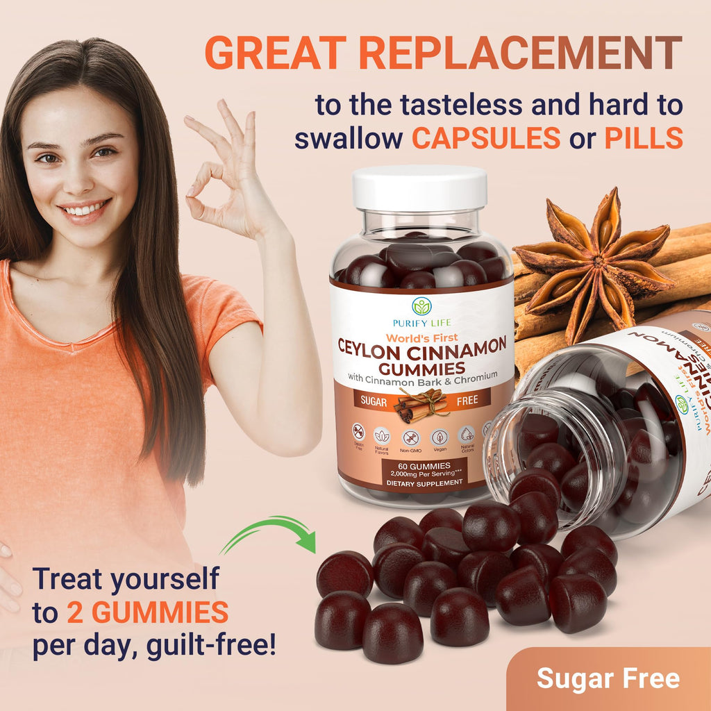 Sugar-Free Ceylon Cinnamon Gummies (2,000mg/Serving) – Vegan, Gluten-Free Herbal Cinnamon Supplement – Replace Cinnamon Capsules, Pills & Powders, 7-Keto – 60 Chews