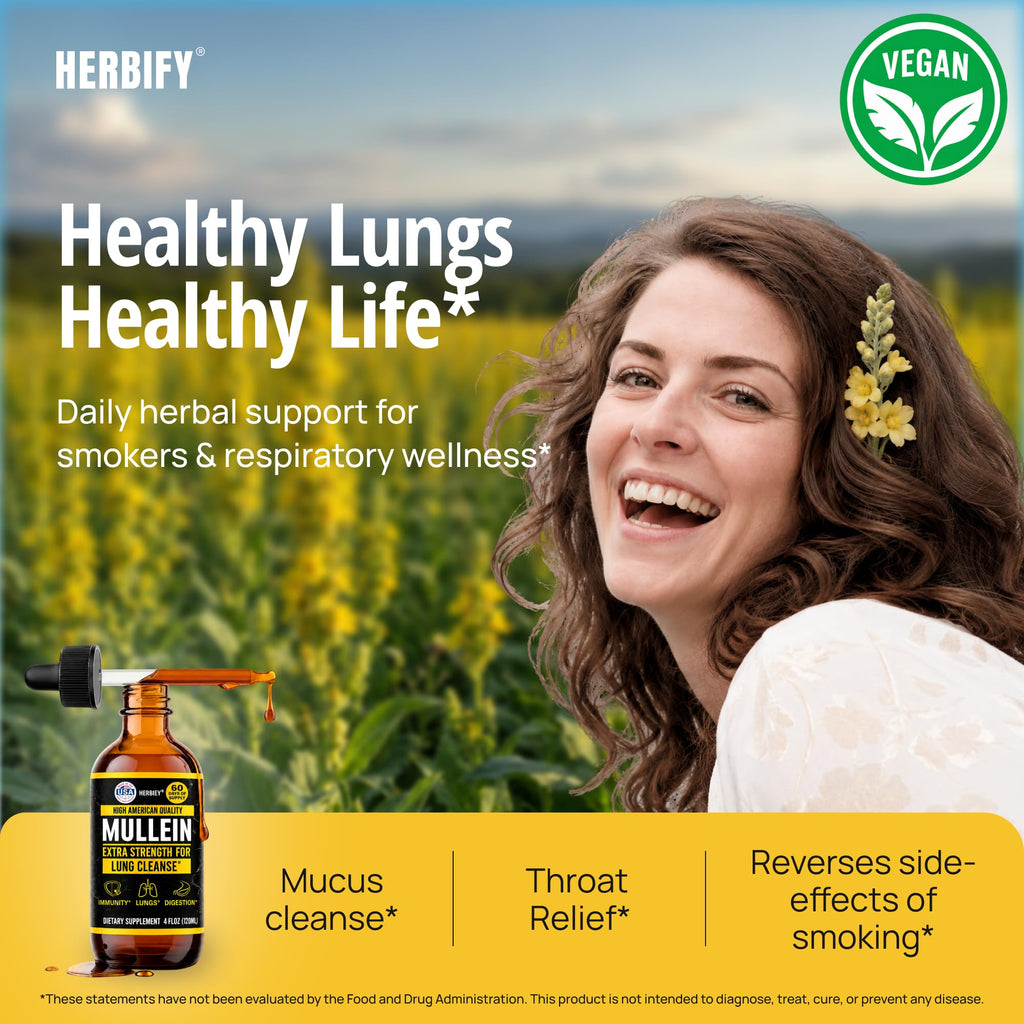 HERBIFY Mullein Drops - Lung Cleanse - Leaf Extract - Powerful Mullein for Immune Support,Detox & Respiratory Support - Made in USA - Lung Cleanse for Smokers - 4 Oz