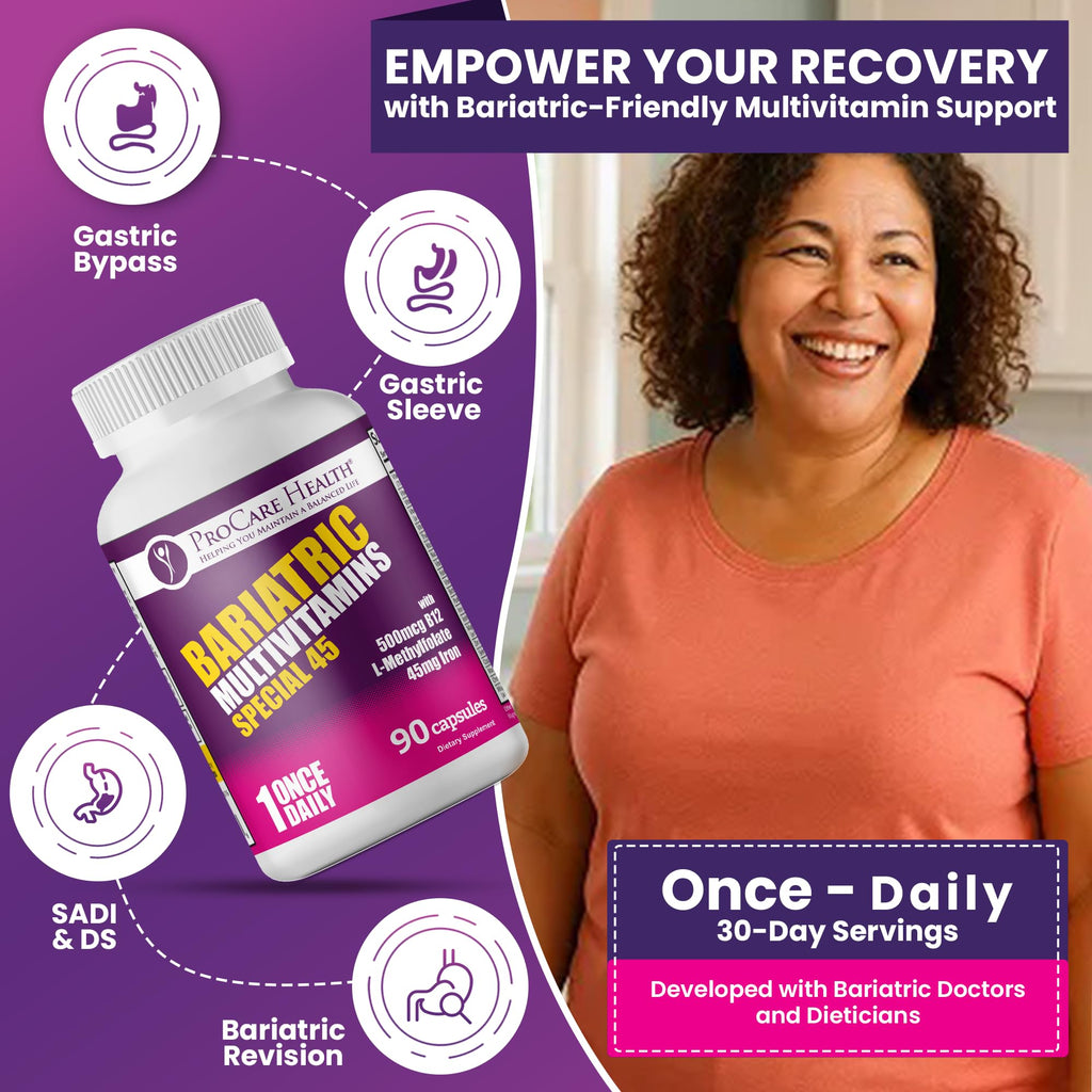 ProCare Health Bariatric Multivitamin with Iron 45mg (90 Capsules) with Reduced B12 - Post-Op Bariatric Vitamins for Gastric Bypass, Sleeve, Duodenal Switch, Sustain Recovery & Energy (3 Month Supply)