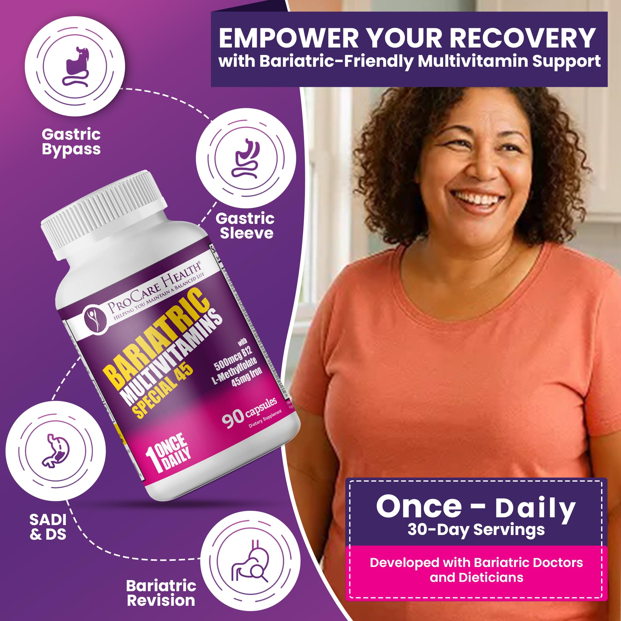 ProCare Health Bariatric Multivitamin with Iron 45mg (90 Capsules) with Reduced B12 - Post-Op Bariatric Vitamins for Gastric Bypass, Sleeve, Duodenal Switch, Sustain Recovery & Energy (3 Month Supply)
