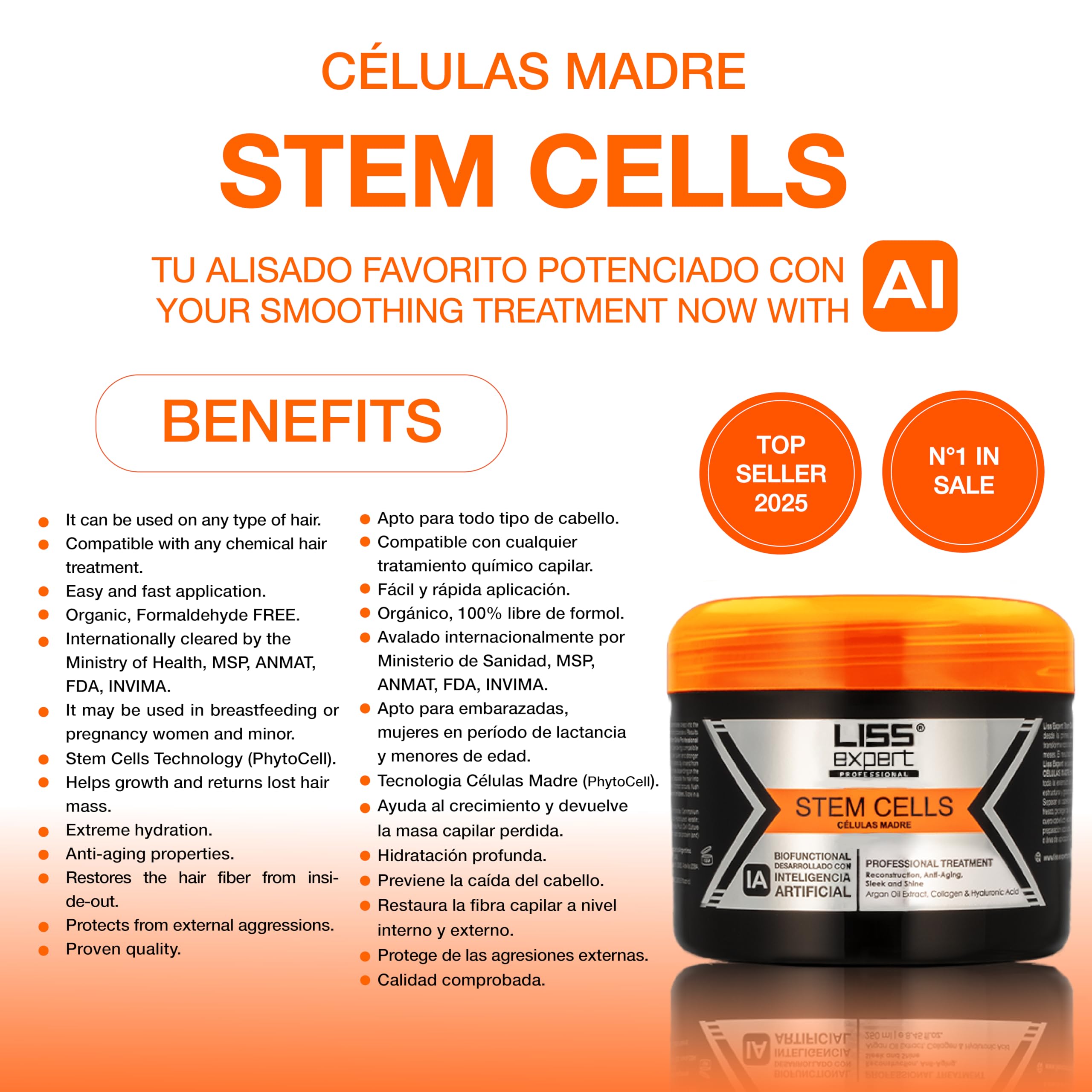 Liss Expert Stem Cells Smoothing Treatment – Organic Keratin & Argan Oil – Frizz-Free Repair & Shine – Professional Straightening – ONE Shoulder Length Applic– plus salt free shampoo and conditioner