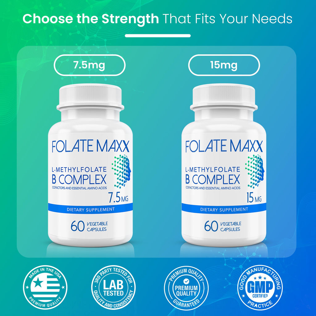 FOLATE MAXX L Methylfolate 7.5mg with Active Vitamin B Complex – 60 Capsules – High Potency 5-MTHF with B6 Blend and Methyl B12 Supplement – 3-in-1, Non-GMO, Gluten Free (2-Month Supply)