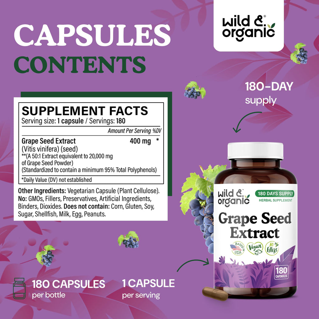 Wild & Organic Grape Seed Extract Capsules - Antioxidant Support - Grapeseed Extract 400 mg - 95% Polyphenols - 180 Vegan Capsules - 6 Month Supply - Non-GMO