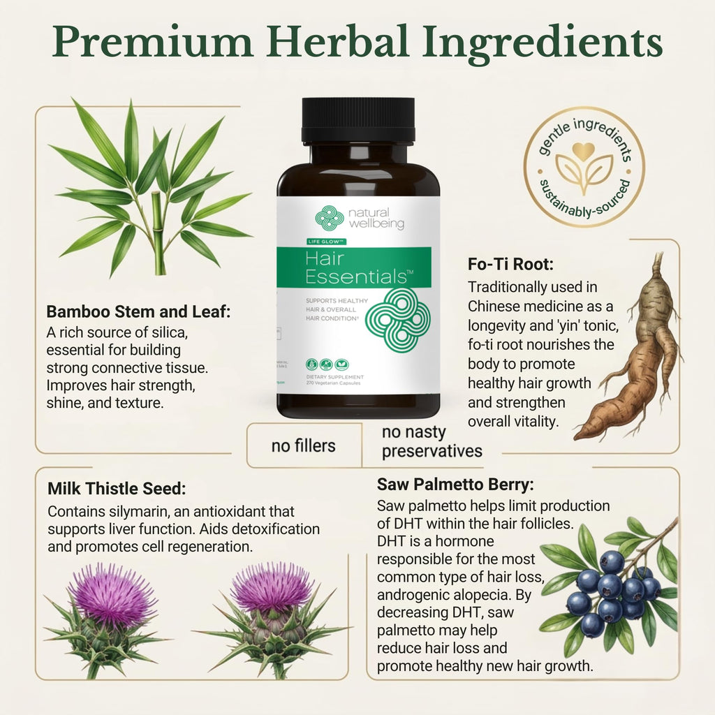 Natural Wellbeing Hair Essentials – DHT Blocker Hair Growth Supplement for Women & Men – Saw Palmetto, Biotin, – Vegan Capsules – Stops Shedding & Thinning (270 Count, 3-Month Supply)