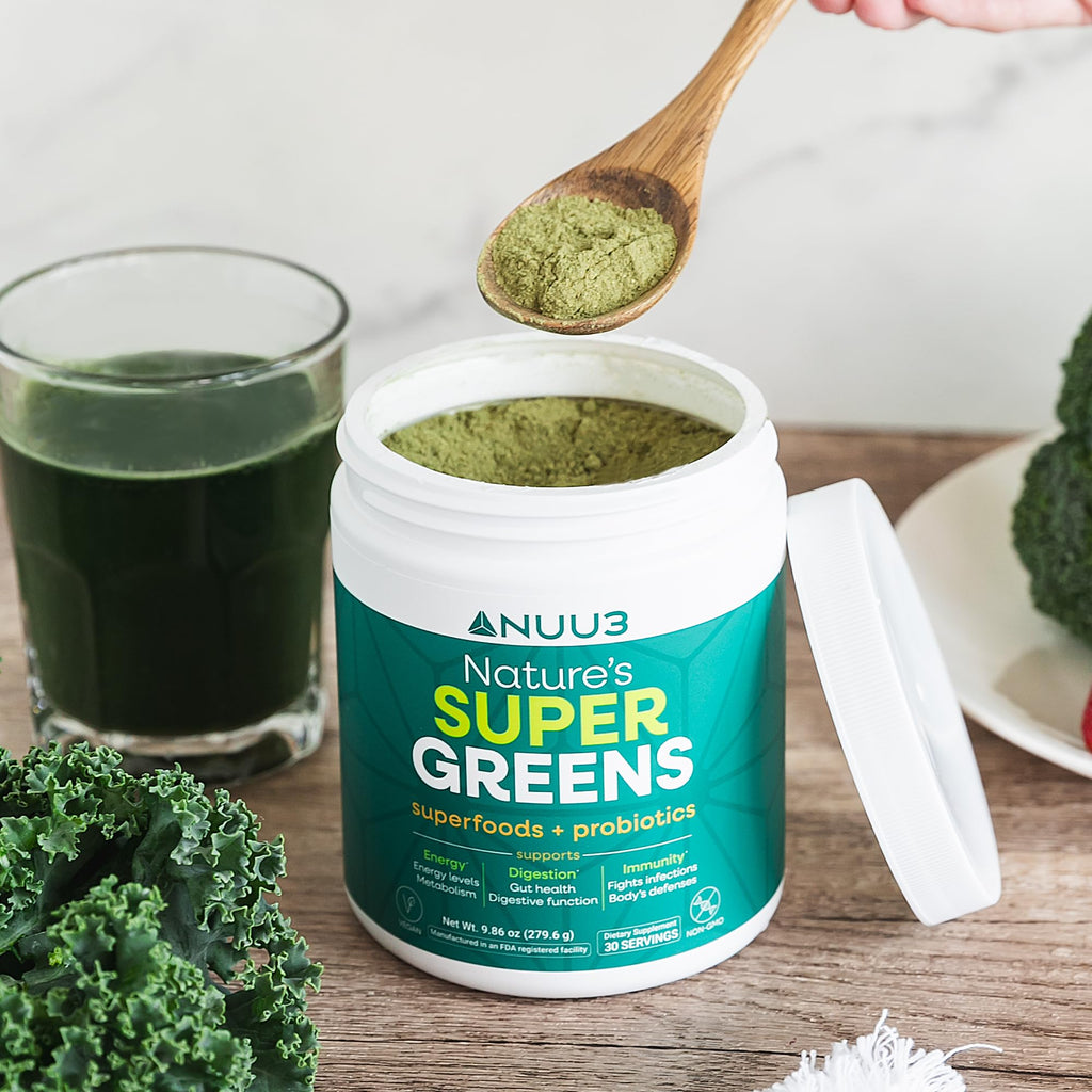 NUU3 Super Greens Superfoods + Probiotics - Immune Support, Improved Energy & Gut Health Digestive Enzymes - Boosts Immunity - 30 Servings (Unflavored)