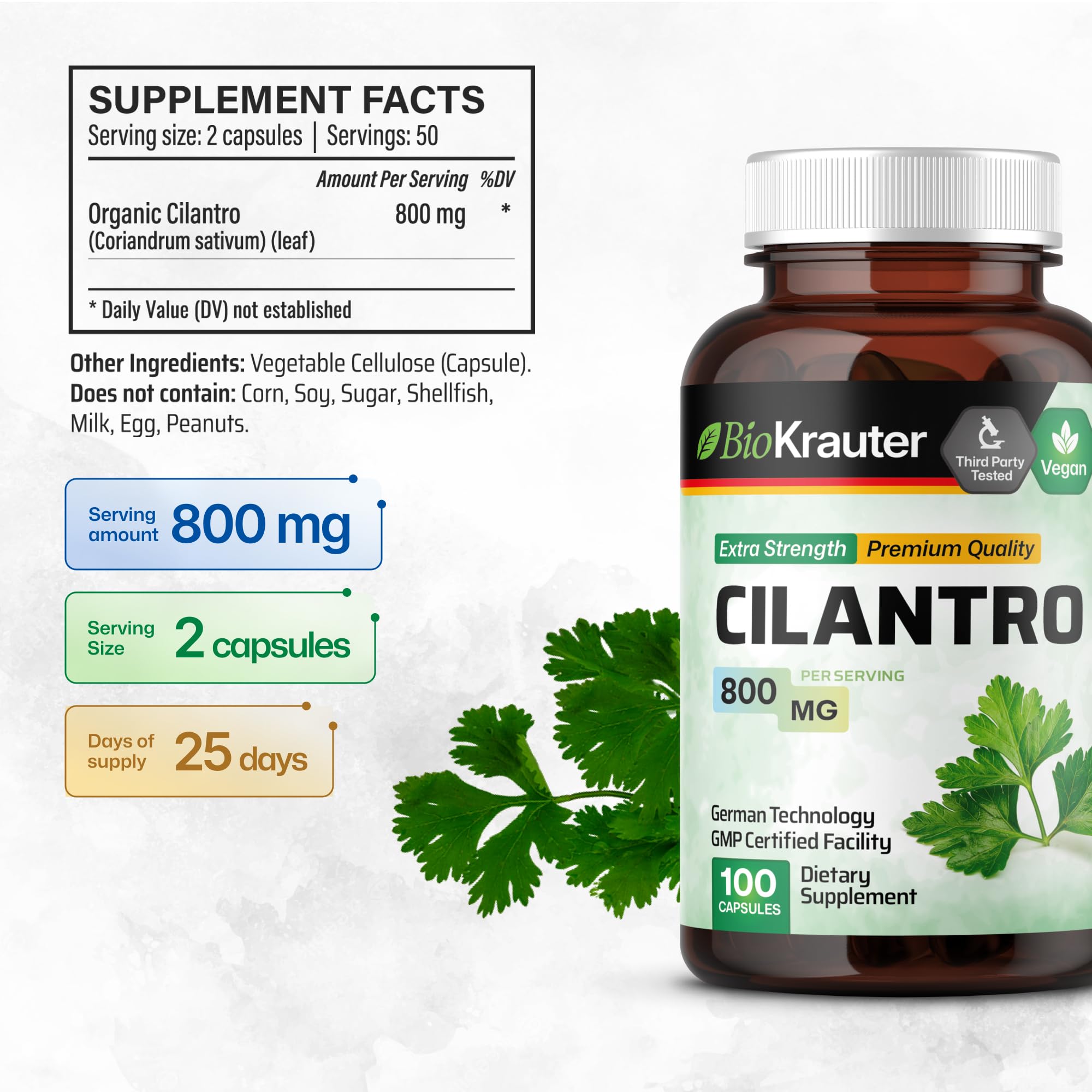 BIO KRAUTER® Cilantro for Detox Cleanse - Vegan Cilantro Capsules (Coriander Leaf Powder) 800 mg per Serving - Natural Detox & Antioxidant Supplement - 100 Capsules, Non-GMO Herbal Supplements
