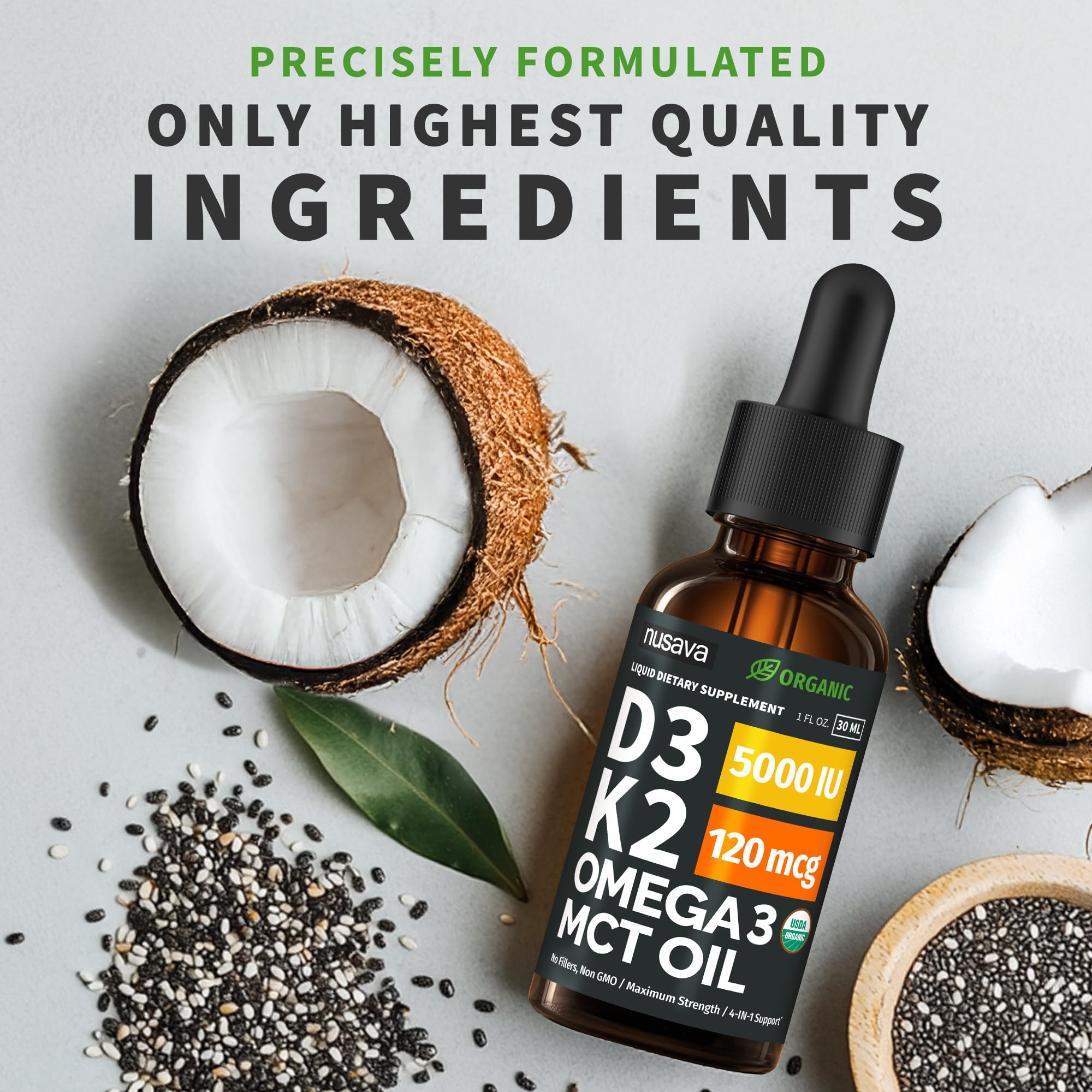 (4 Pack) Organic Vitamin D3 K2 Drops with MCT Oil & Omega 3 - Liquid Vitamin D3 5000 IU - K2 D3 Vitamin Supplement - Vitamin D Drops for Women & Men - No Fillers, Non-GMO, GMP, Unflavored (4 Fl Oz)