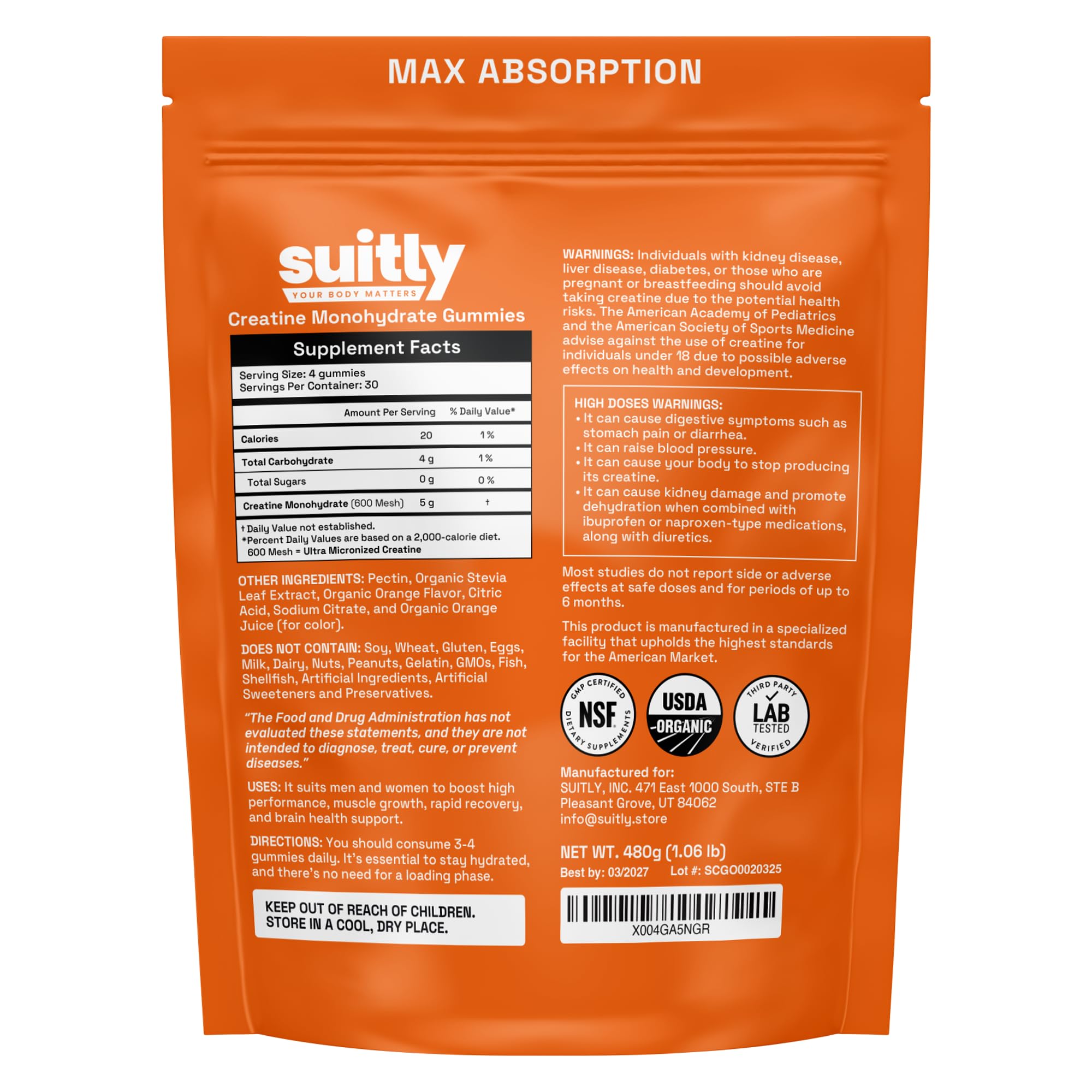 Suitly Creatine Gummies | 5g Ultra-Micronized Creatine Monohydrate | Made with Certified Organic Ingredients | Vegan, Sugar Free, Non GMO & Gluten Free | 120 Gummies | Organic Orange Flavor