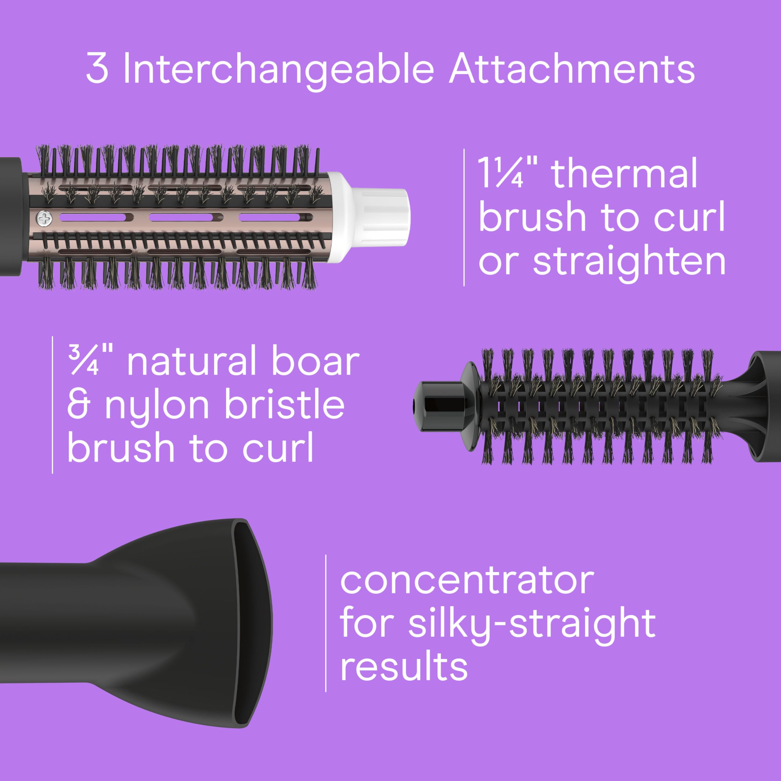 Conair Double Ceramic 3-in-1 Hot Air Brush, Interchangeable Attachments: 1¼-Inch Thermal Brush, ¾-Inch Boar and Nylon Bristle Brush, and Concentrator, Voluminous Curls & Straight Styles, White