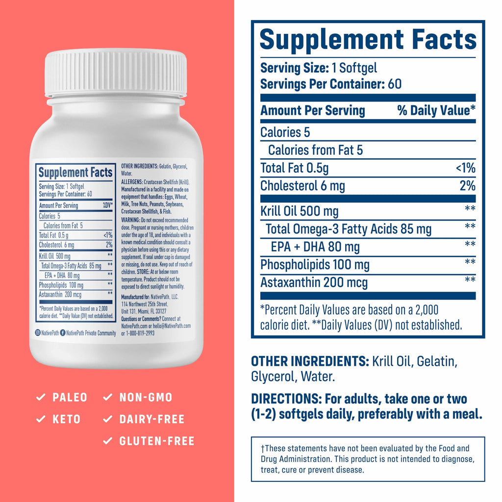 NativePath Antarctic Krill Oil - Wild-Caught Omega 3 Krill Oil 500mg Softgels with EPA, DHA and Astaxanthin - Supplement for Joint, Heart, Brain and Immunity - 60 ct - No Fishy Aftertaste
