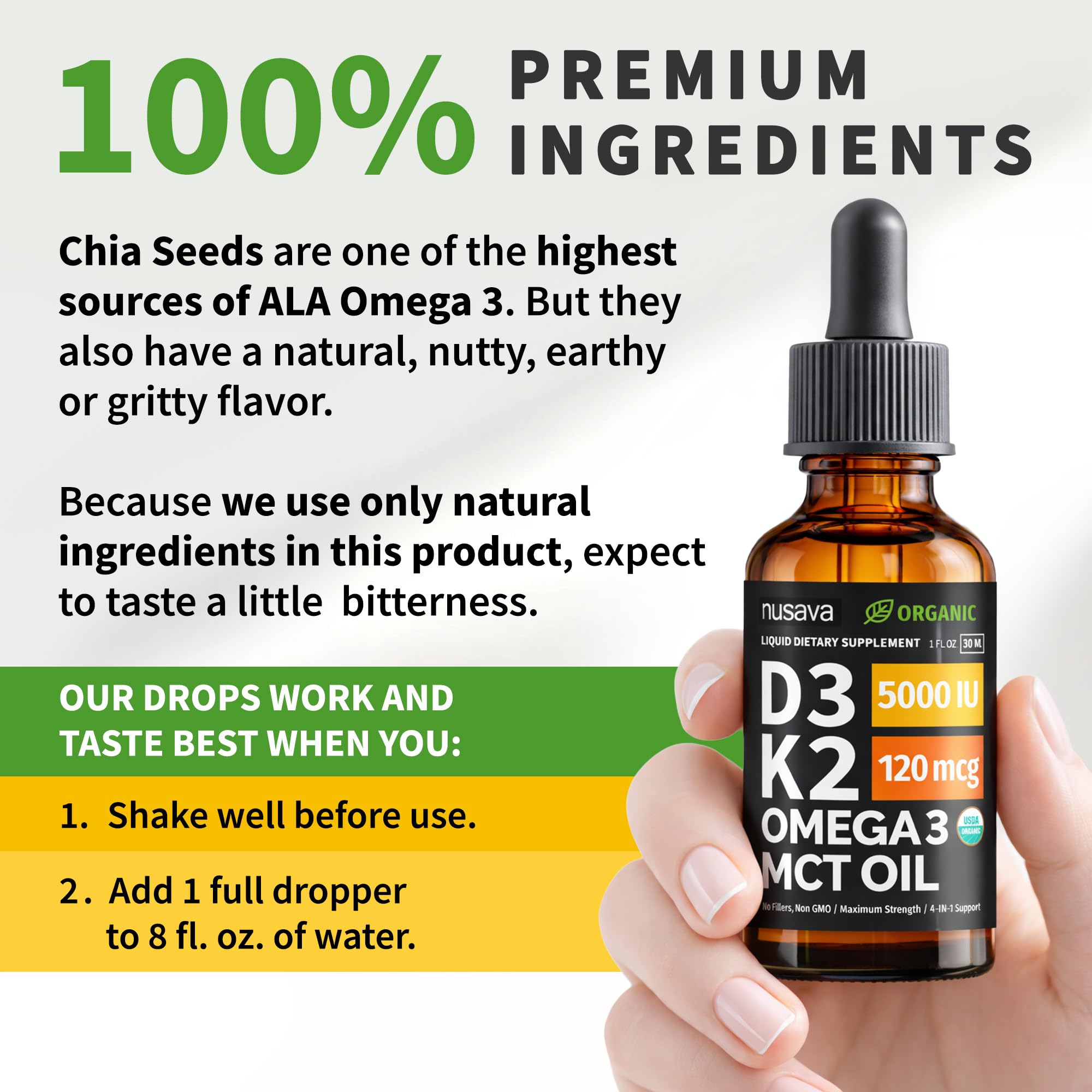 (4 Pack) Organic Vitamin D3 K2 Drops with MCT Oil & Omega 3 - Liquid Vitamin D3 5000 IU - K2 D3 Vitamin Supplement - Vitamin D Drops for Women & Men - No Fillers, Non-GMO, GMP, Unflavored (4 Fl Oz)