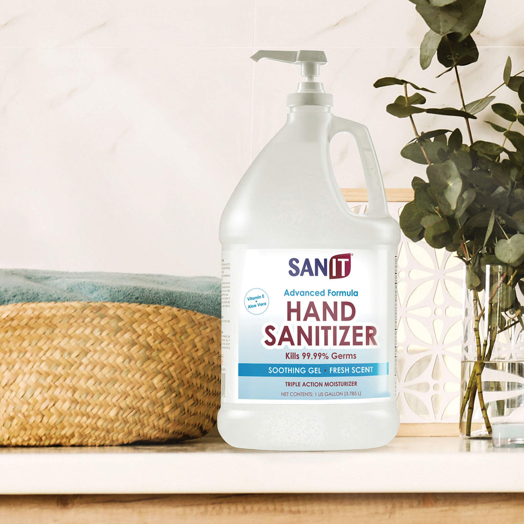 Sanit Moisturizing Hand Sanitizer Gel 70% Ethyl Alcohol - Kills 99.99% Germs, Advanced Formula with Vitamin E and Aloe Vera - Soothing Gel, Fresh Scent, Made in USA - 1 Gallon with Easy to Use Pump