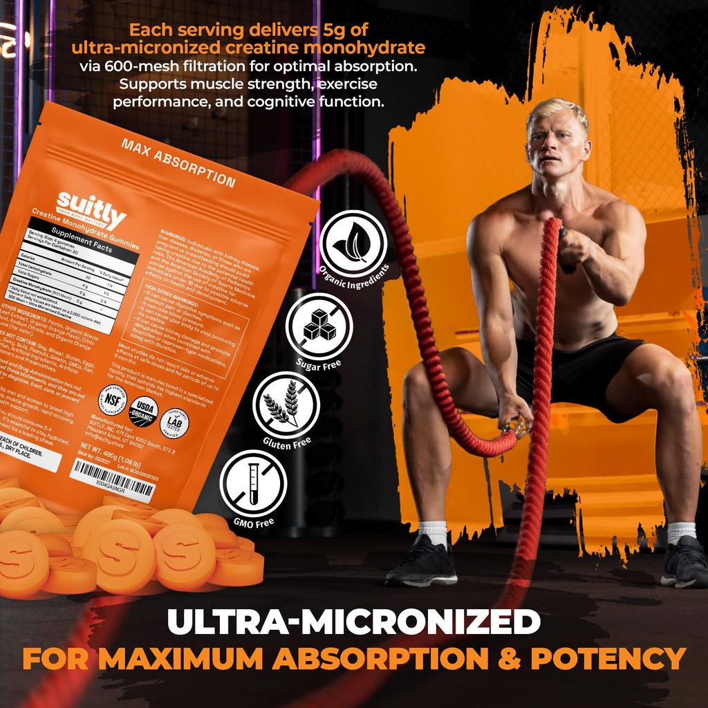 Suitly Creatine Gummies | 5g Ultra-Micronized Creatine Monohydrate | Made with Certified Organic Ingredients | Vegan, Sugar Free, Non GMO & Gluten Free | 120 Gummies | Organic Orange Flavor