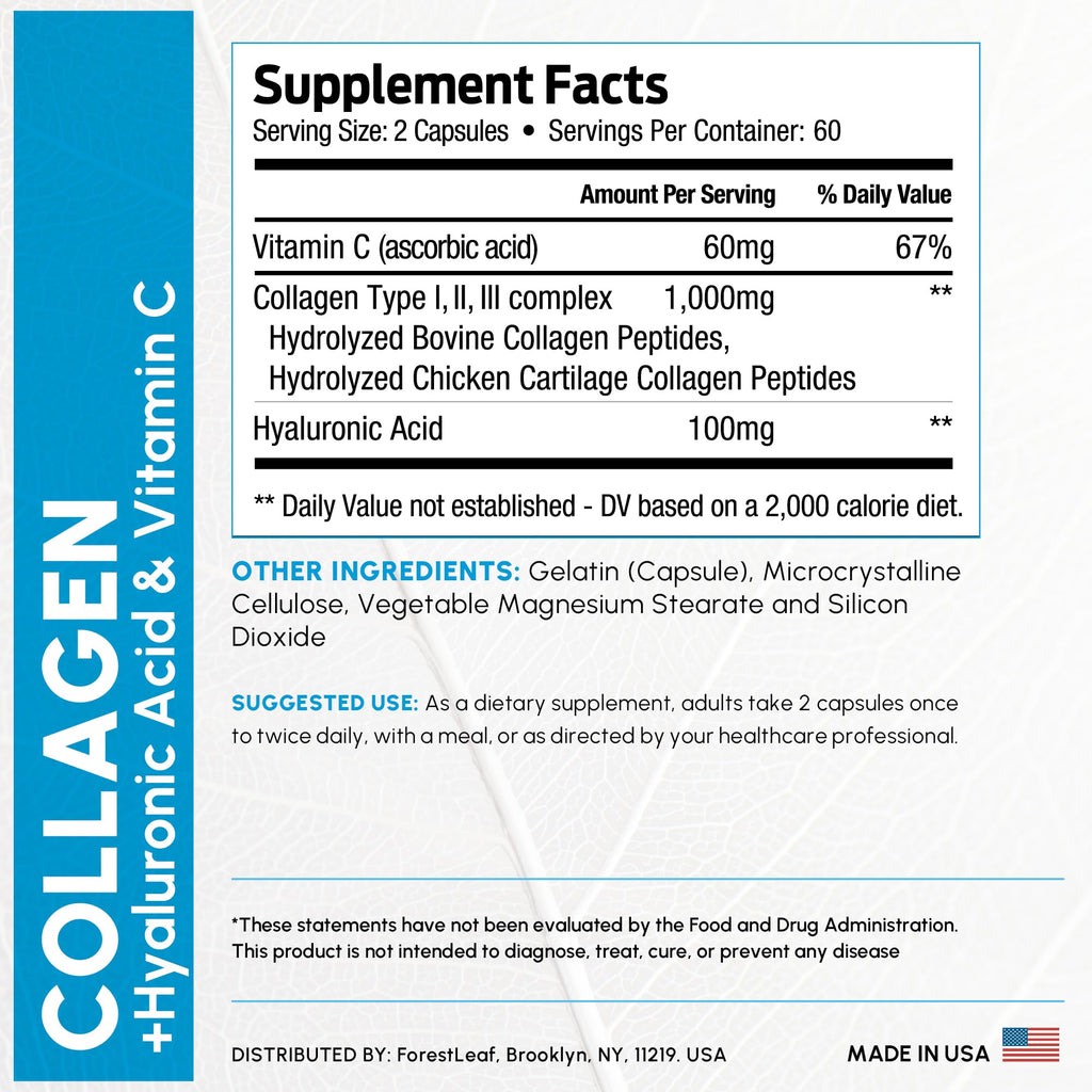 ForestLeaf Multi Collagen Pills with Hyaluronic Acid + Vitamin C | Hydrolyzed Collagen Supplements for Women or Men | Multi Collagen Capsules Peptides for Skin, Wrinkles, 240
