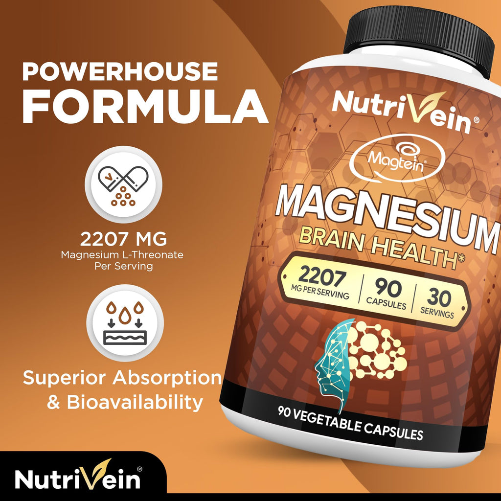 Nutrivein Premium Magtein Magnesium L-Threonate Supplement 2207 mg - 90 Caps (3 a Day): High-Absorption Magnesium Threonate for Brain, Sleep, Mood & Recovery