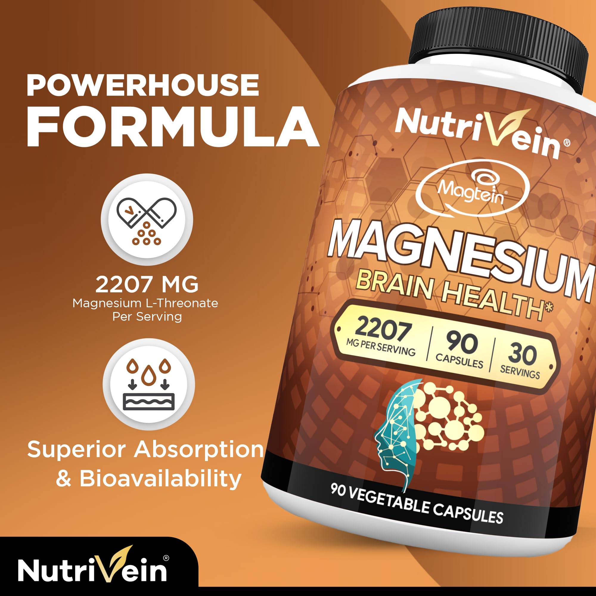 Nutrivein Premium Magtein Magnesium L-Threonate Supplement 2207 mg - 90 Caps (3 a Day): High-Absorption Magnesium Threonate for Brain, Sleep, Mood & Recovery