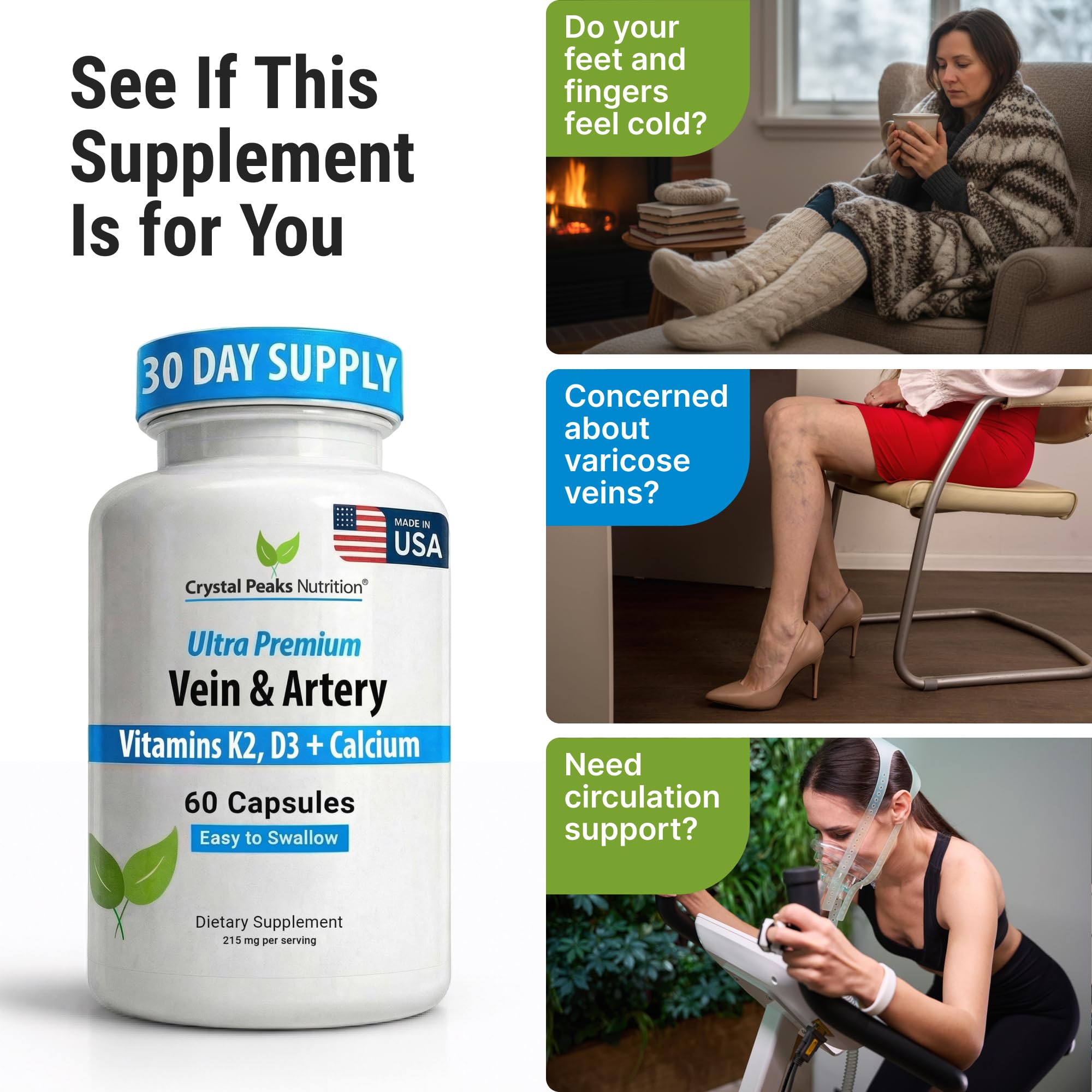 CRYSTAL PEAKS NUTRITION Vein & Artery Supplement - Blood Flow Supplement with Calcium - Blood Circulation Support for Men, Women - Circulation and Vein Support - 60 ct